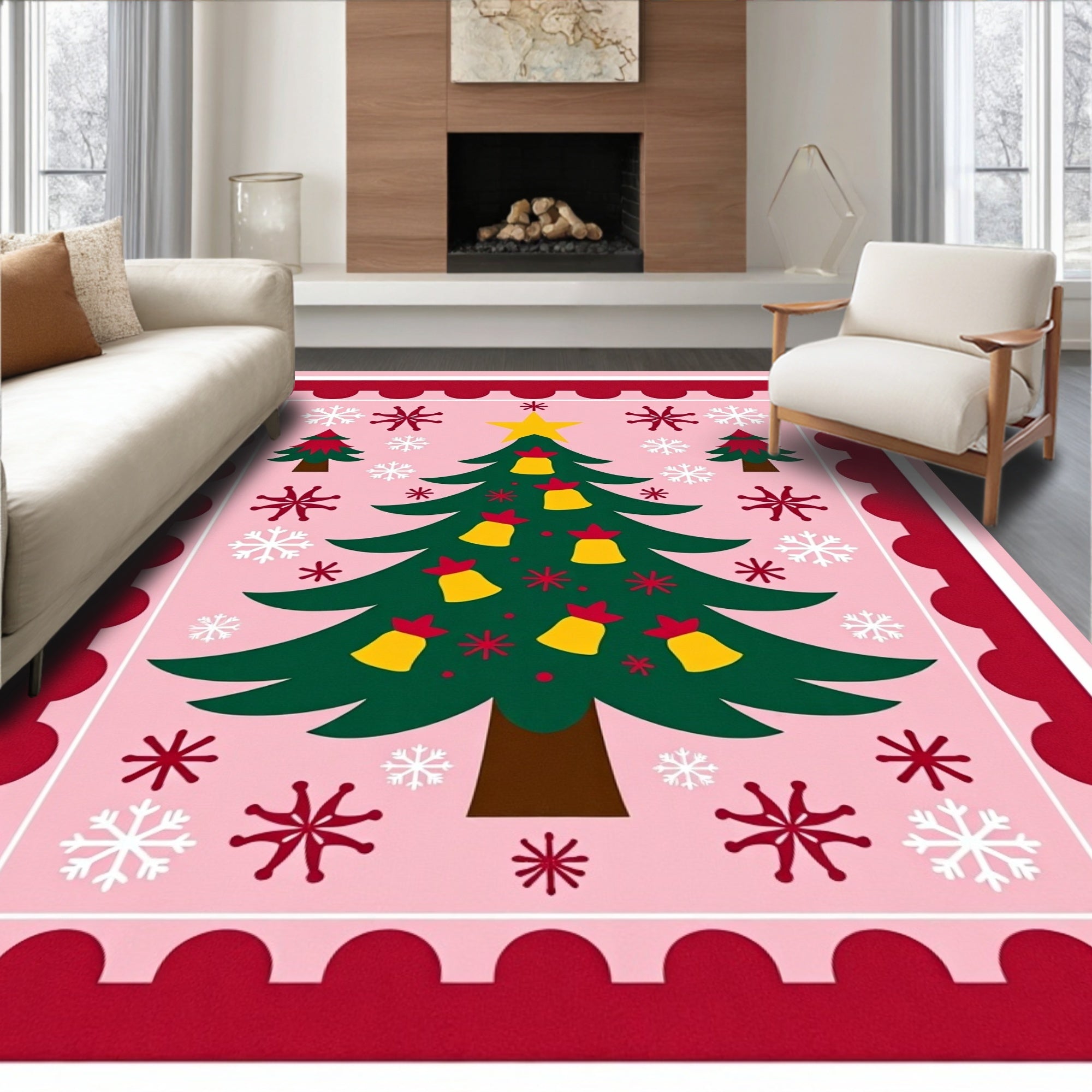 Pink Christmas Tree Bell Snowflakes Rug