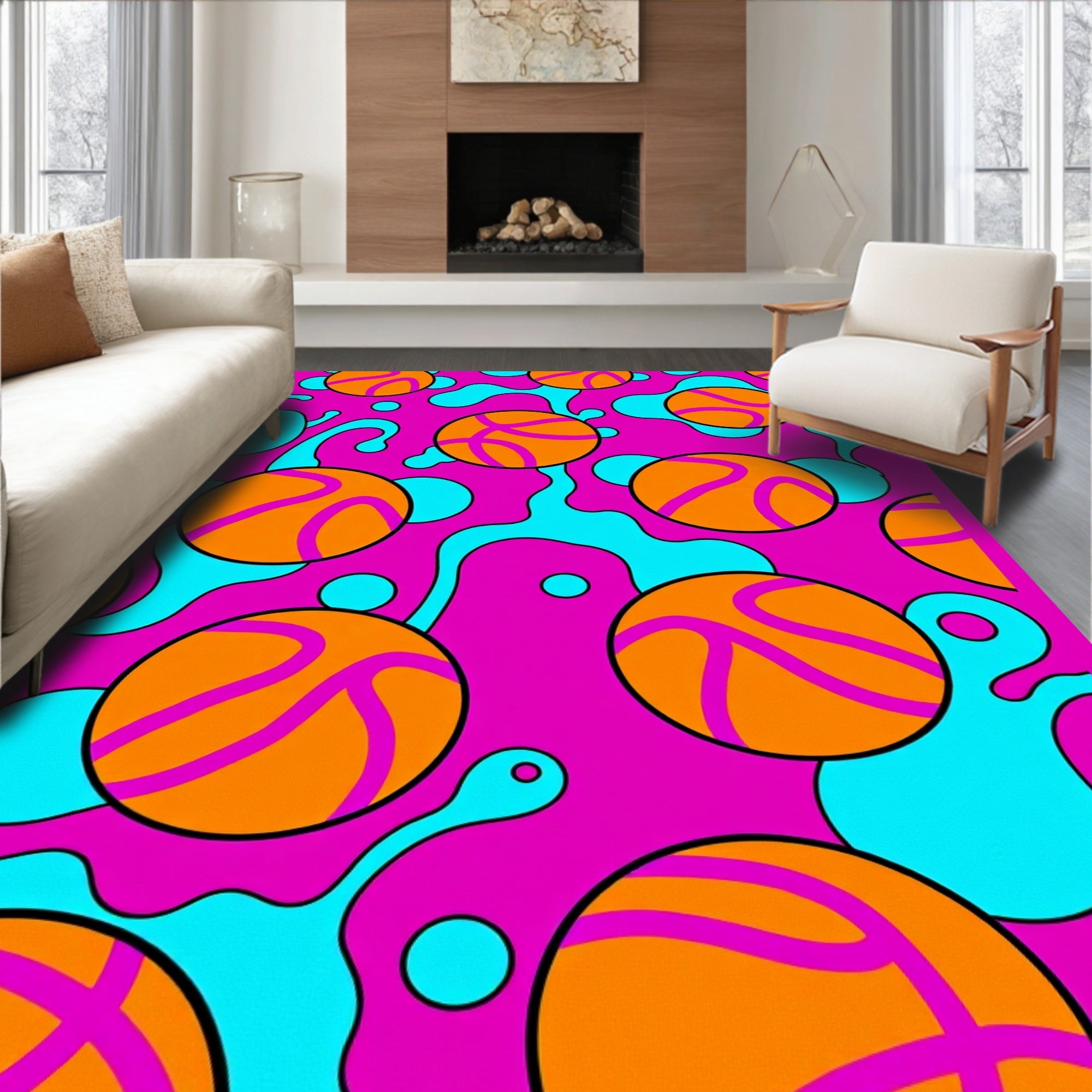 Vibrant Orange Basketball Splatter Rug