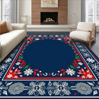 Classic Navy Red White Floral Border Rug