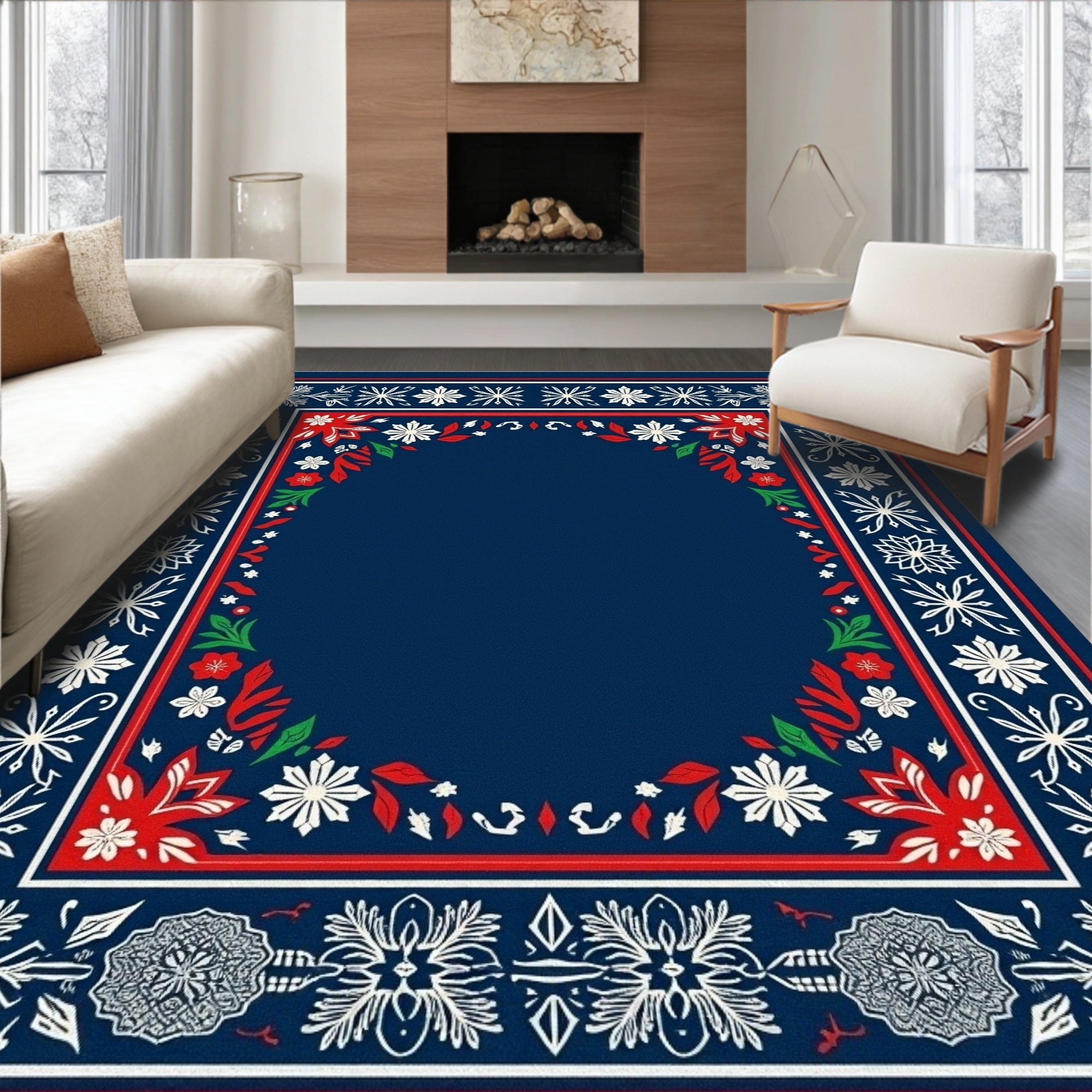 Classic Navy Red White Floral Border Rug
