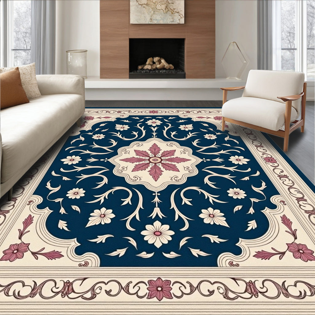 Deep Blue Floral Medallion Scrollwork Rug