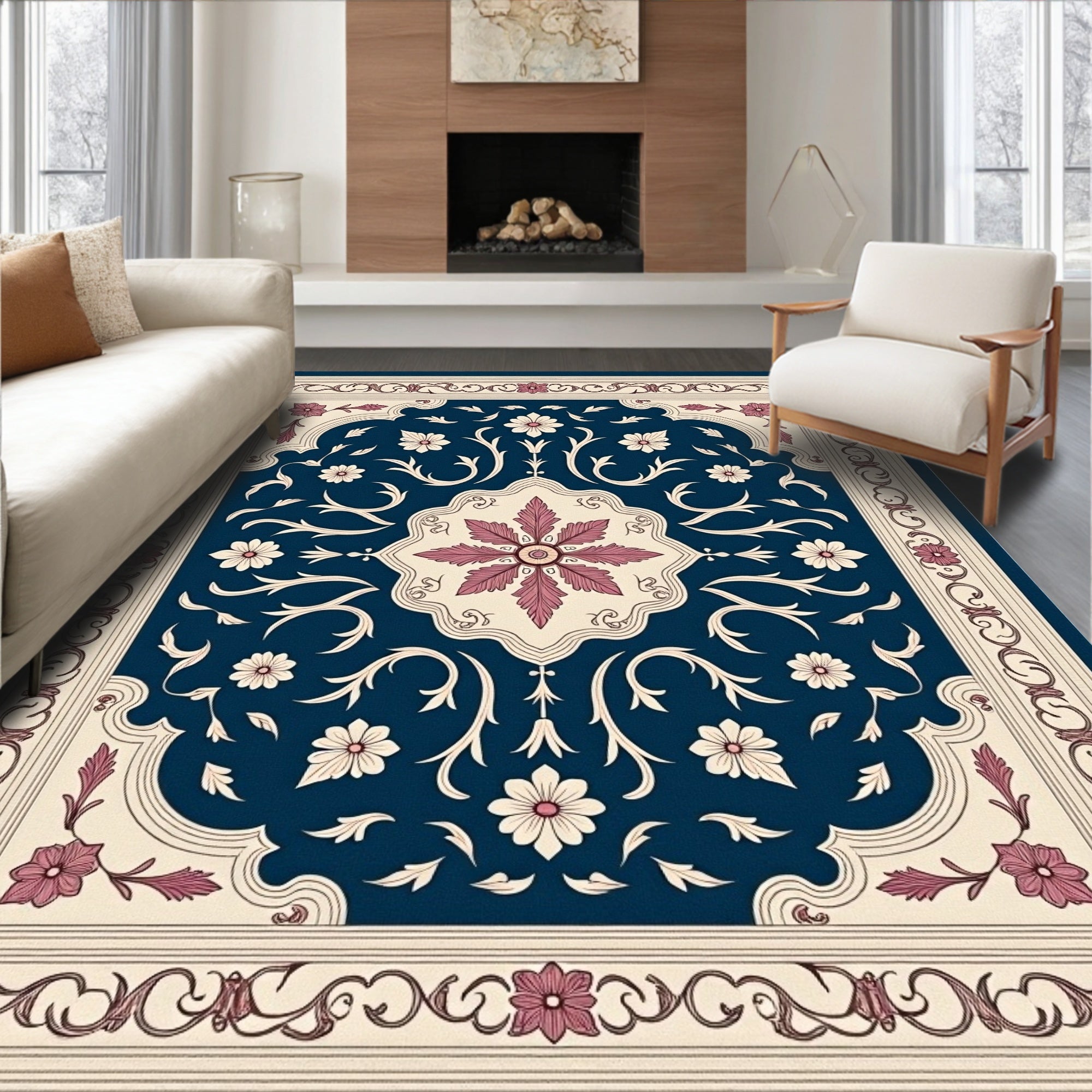 Deep Blue Floral Medallion Scrollwork Rug