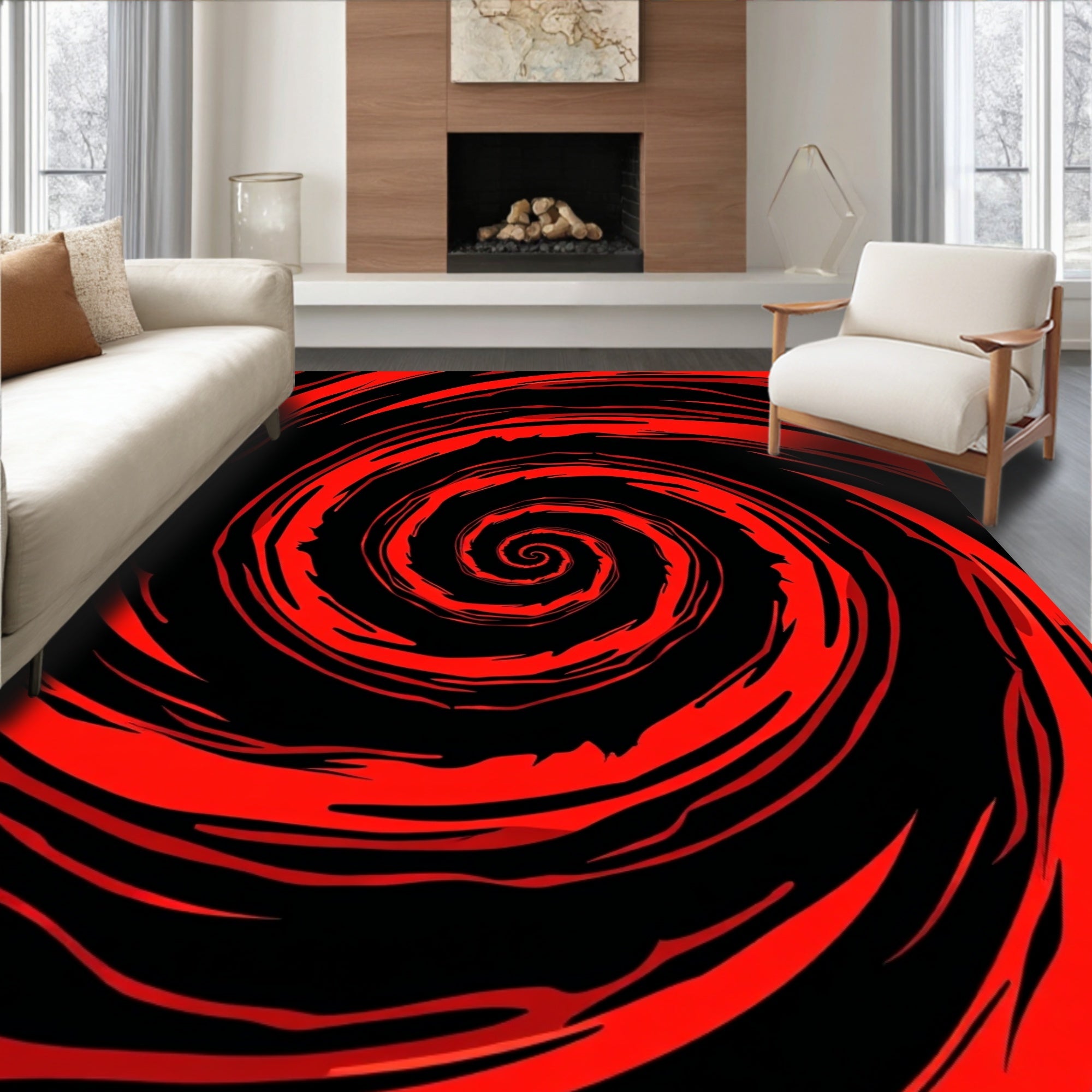 Vibrant Red Black Swirl Rug