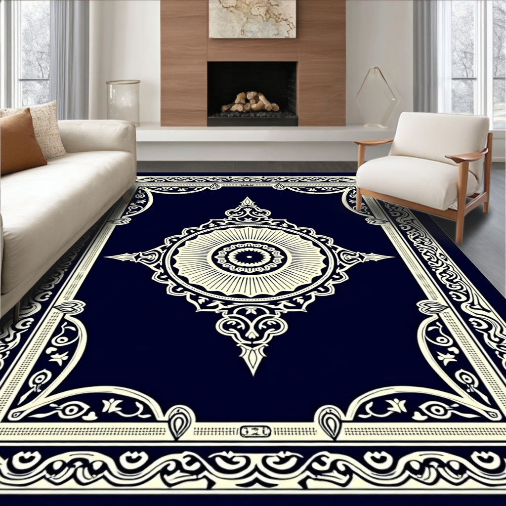 Elegant Navy Cream Medallion Frame Rug