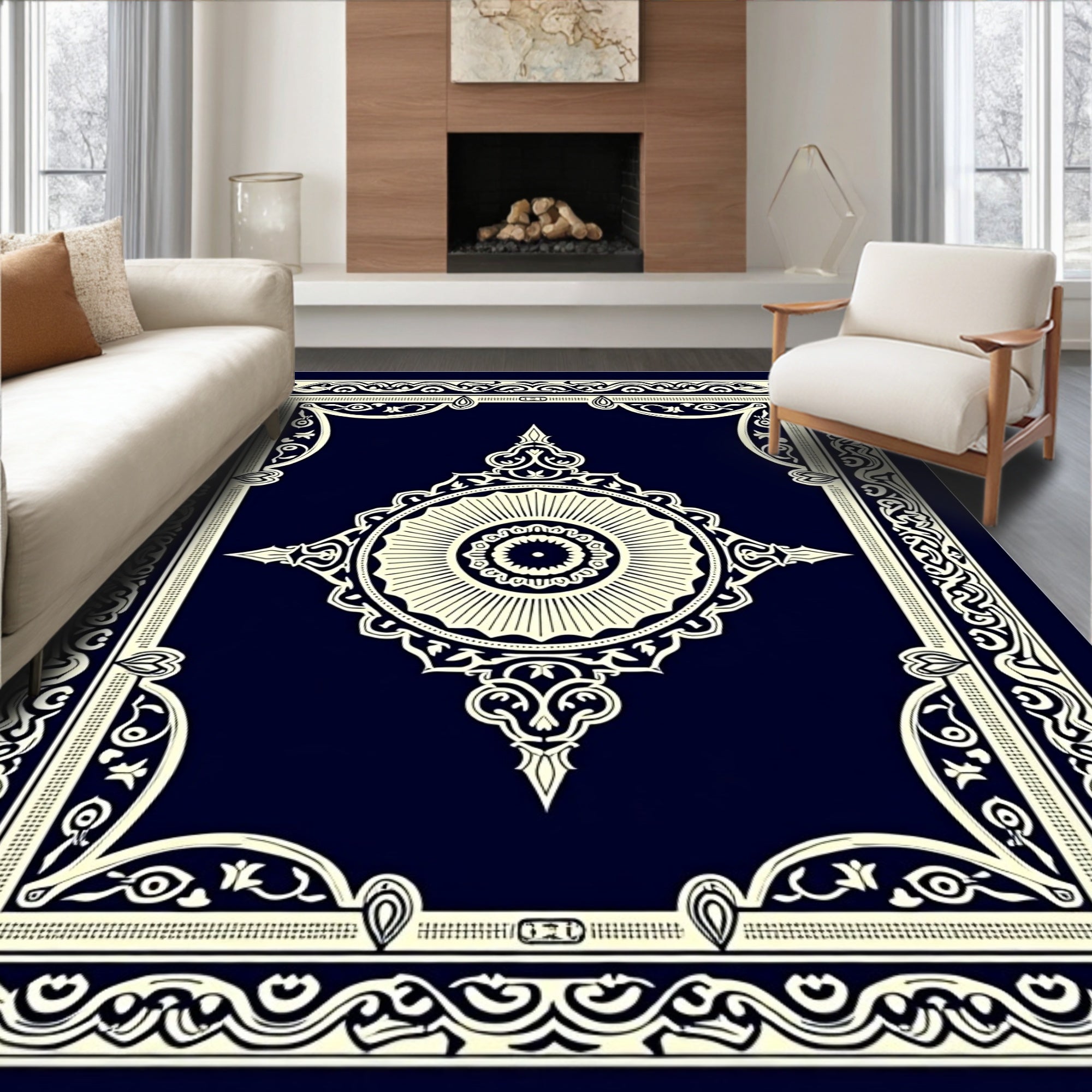 Elegant Navy Cream Medallion Frame Rug
