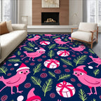 Pink Birds Christmas Festive Scene Rug