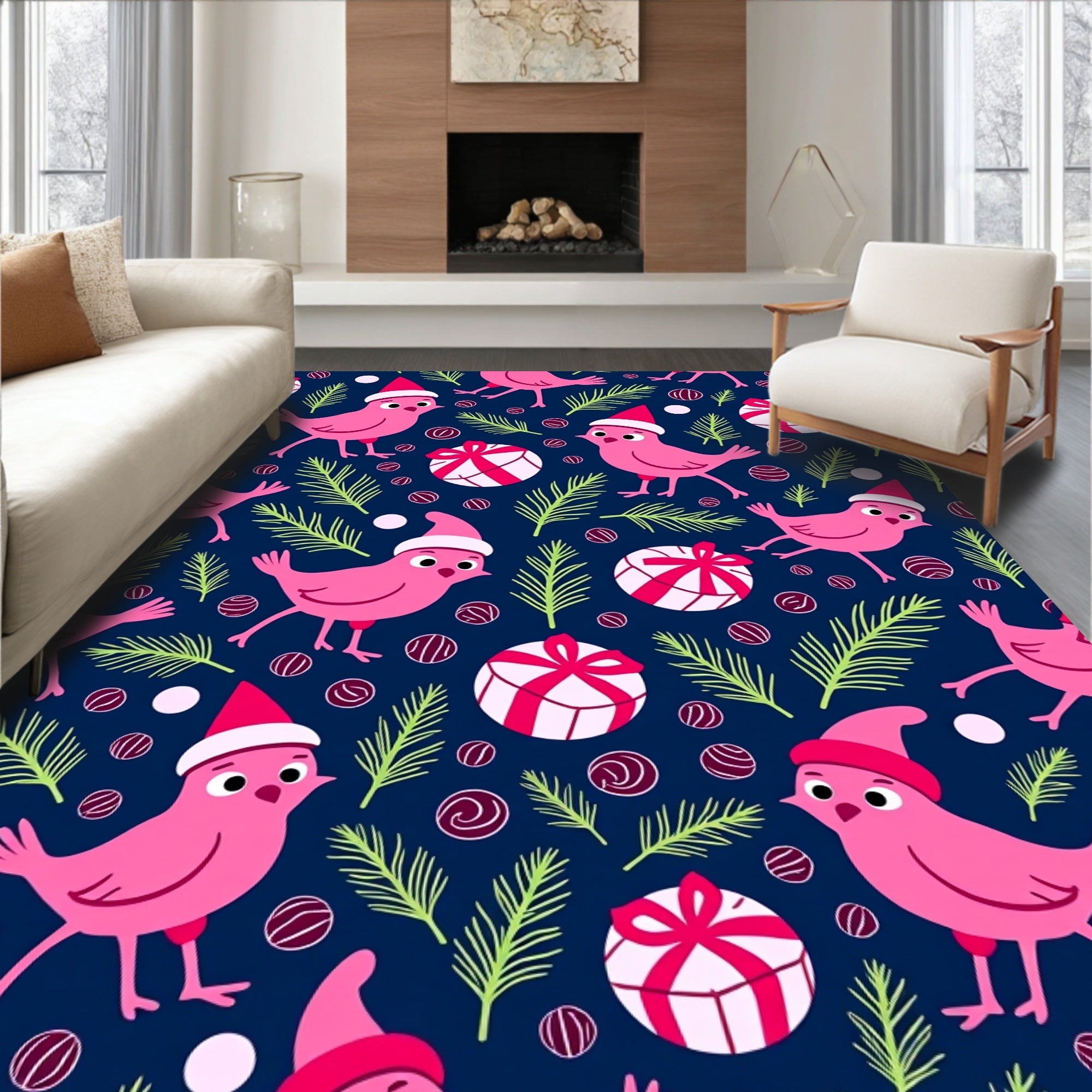Pink Birds Christmas Festive Scene Rug