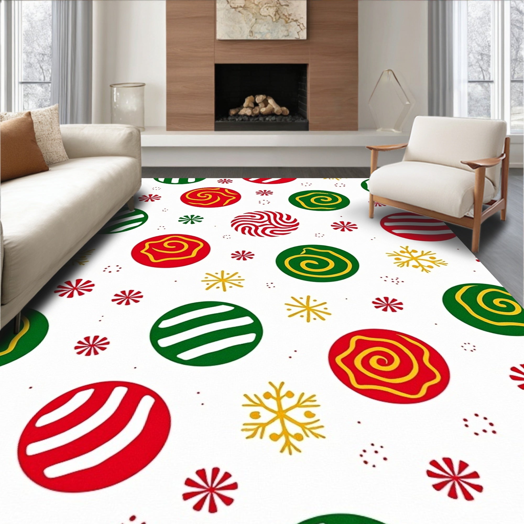 Holiday Balls Red Green Yellow Snowflakes Rug