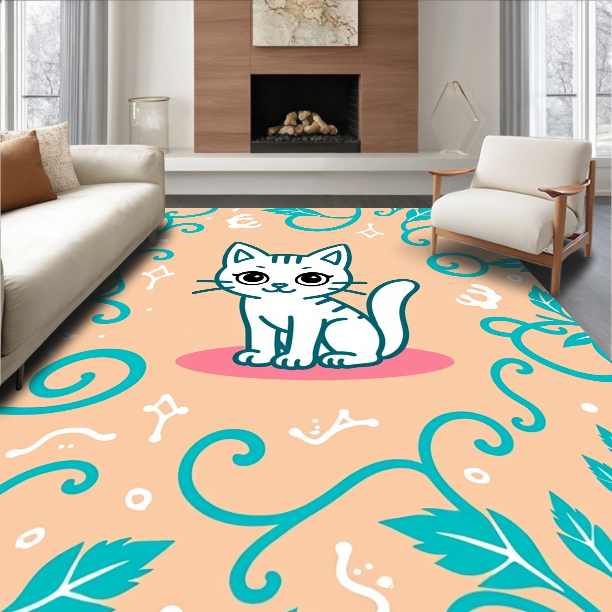 Cute White Kitten Teal Swirl Background Rug