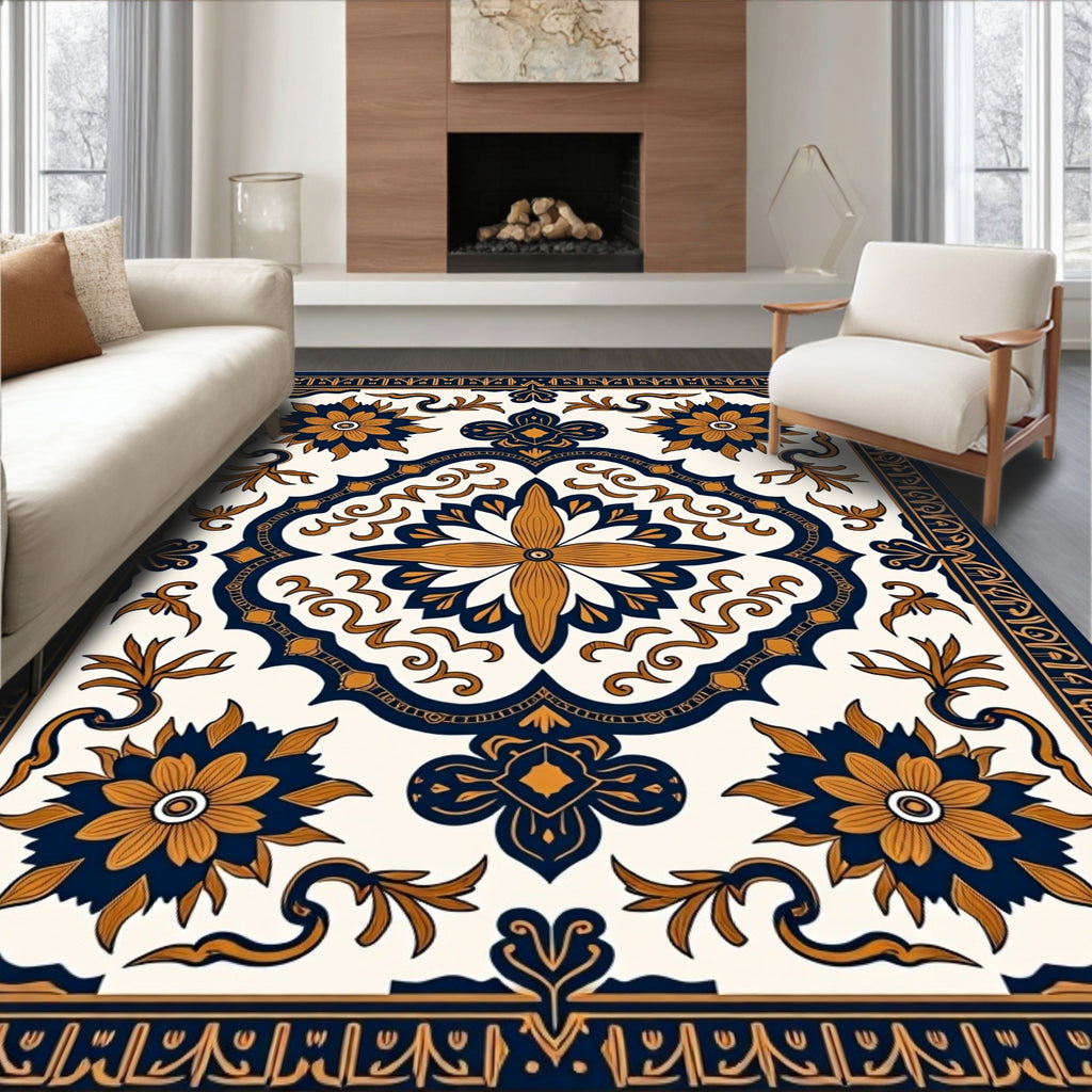 Navy Gold Floral Medallion Mandala Rug