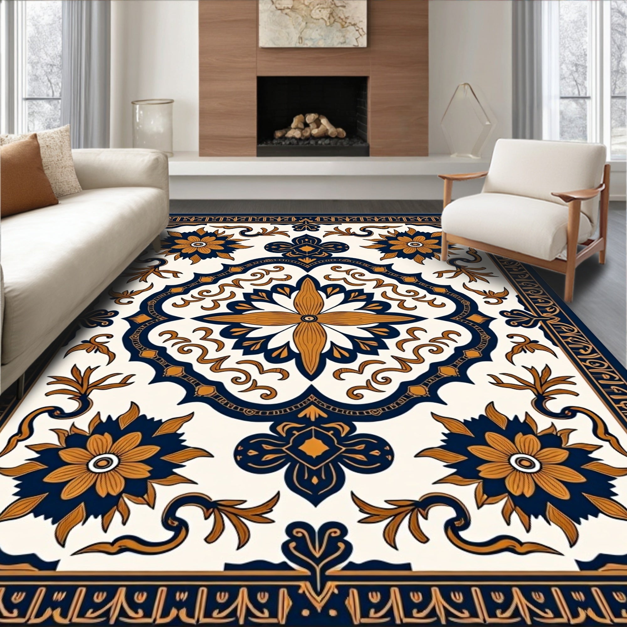 Navy Gold Floral Medallion Mandala Rug