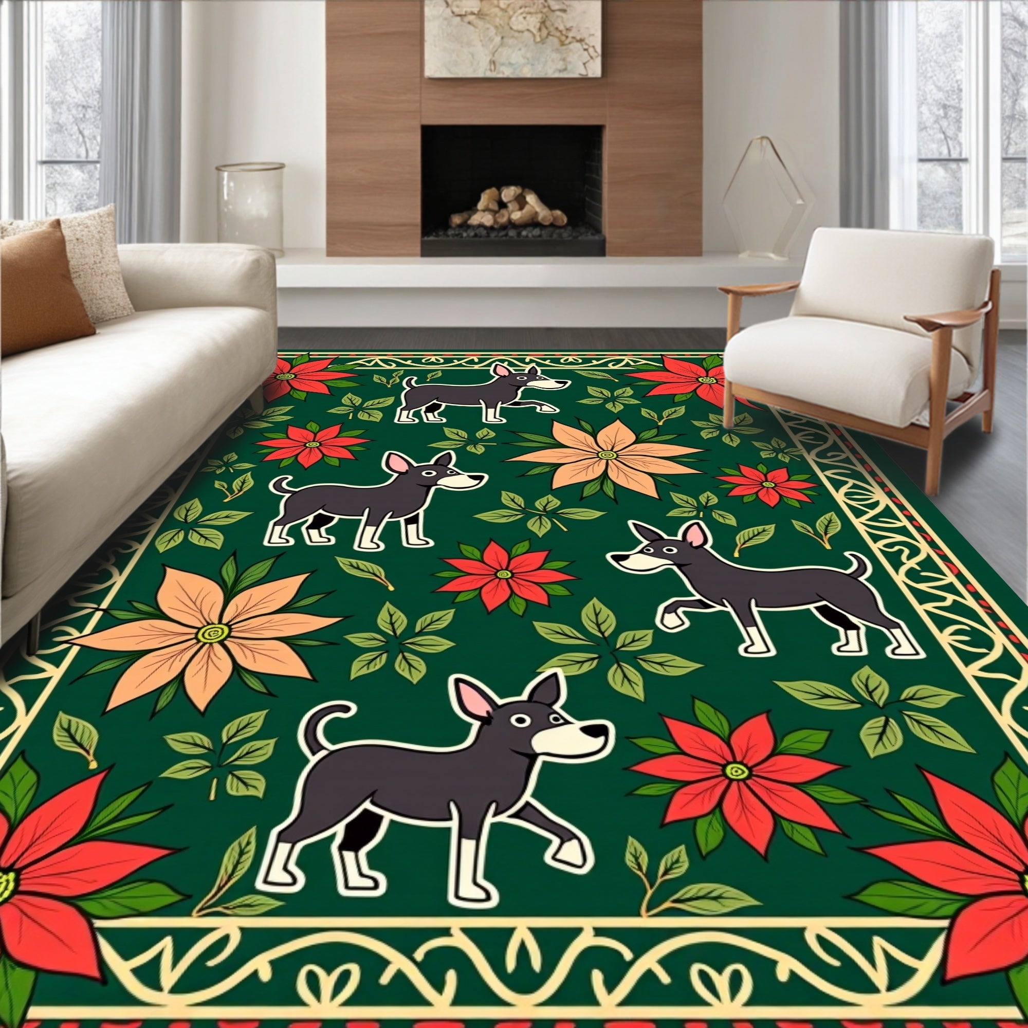 Whimsical Dark Dog Floral Garden Rug