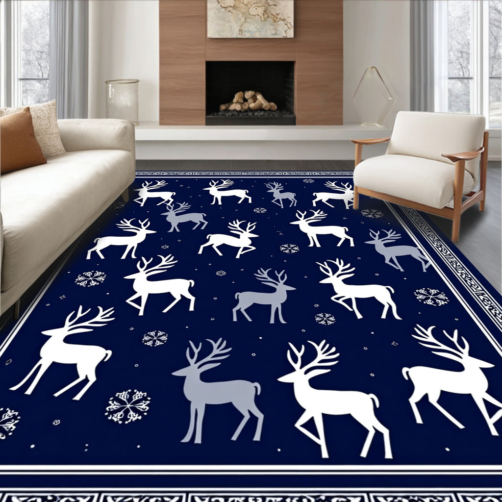 Winter White Reindeer Snowflakes Navy Rug