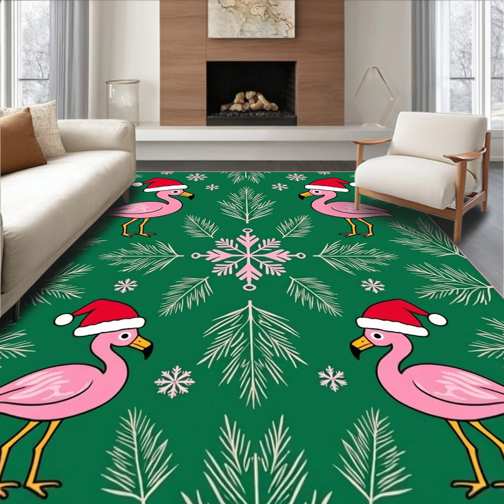 Festive Pink Flamingos Green Snowflake Christmas Rug