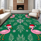 Festive Pink Flamingos Green Snowflake Christmas Rug