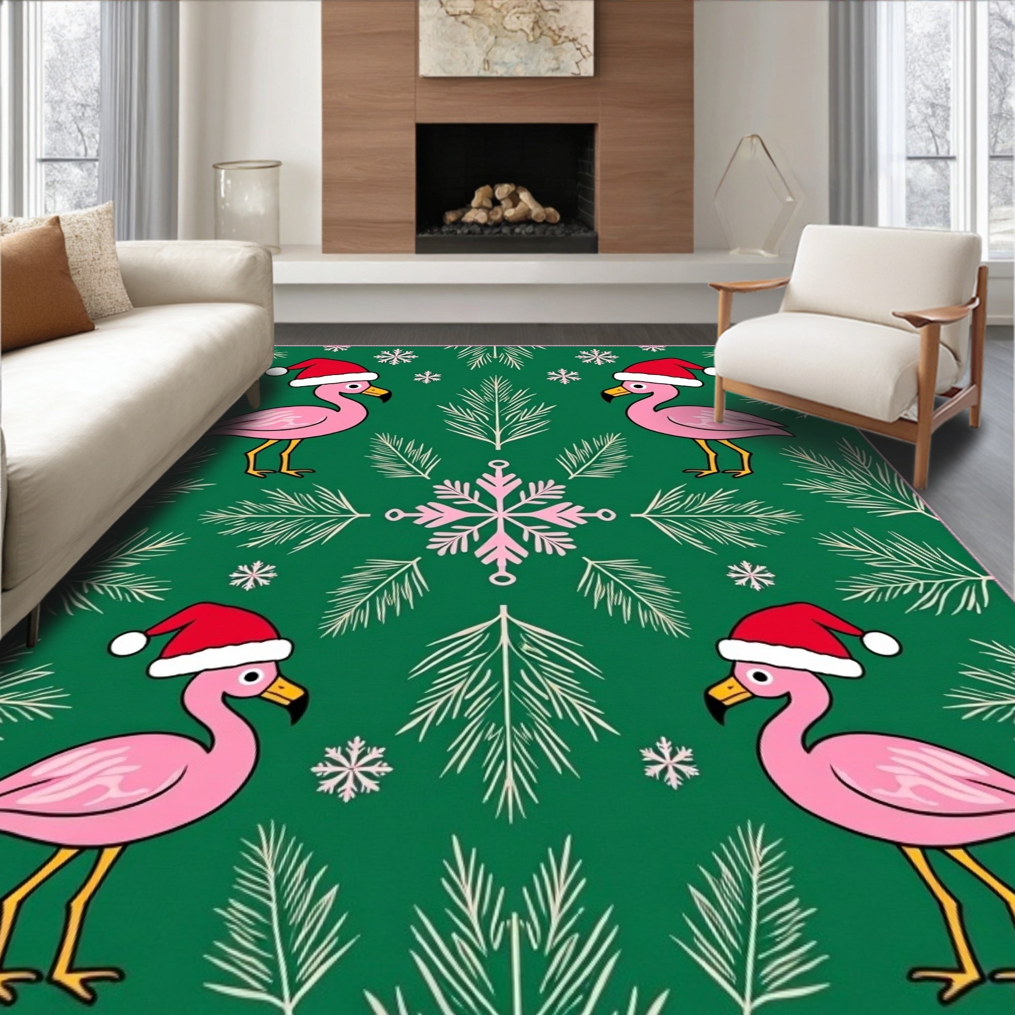 Festive Pink Flamingos Green Snowflake Christmas Rug
