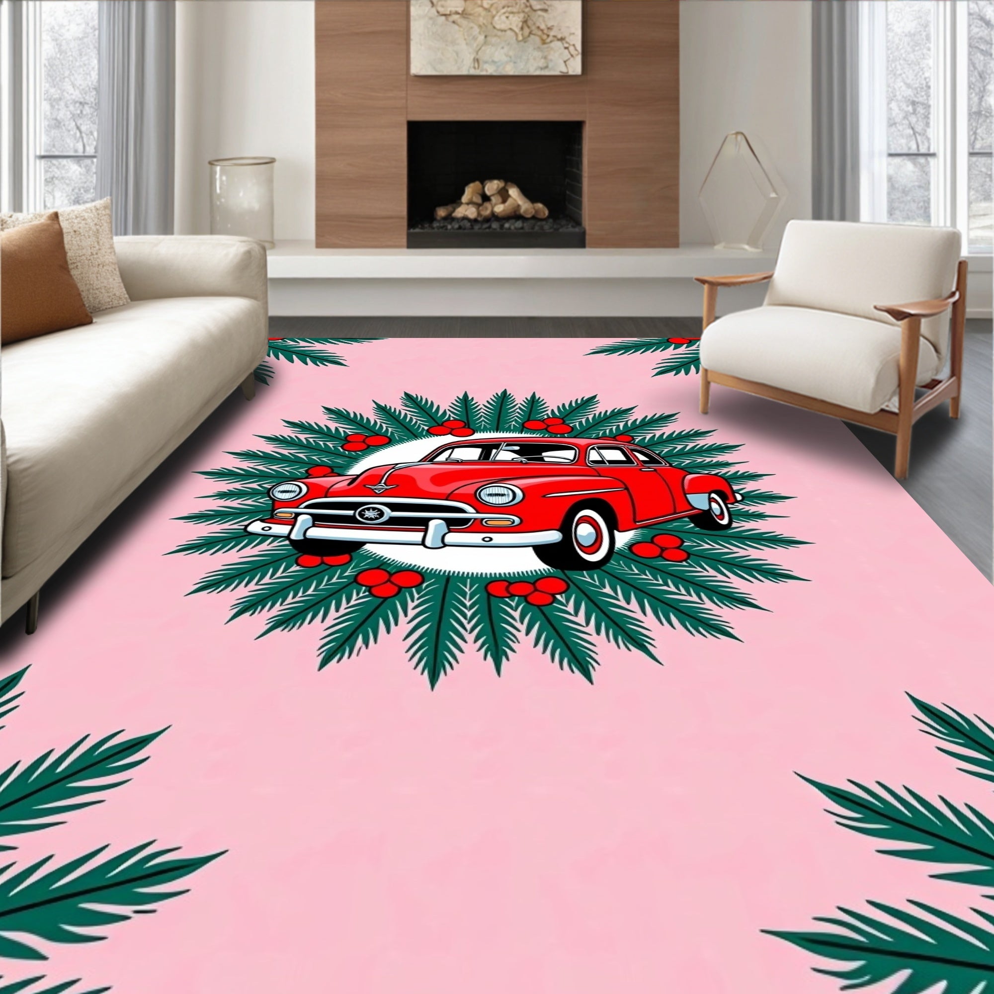 Retro Red Car Holly Wreath Rug