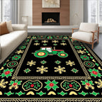 Green Tractor Red Border Black Field Rug