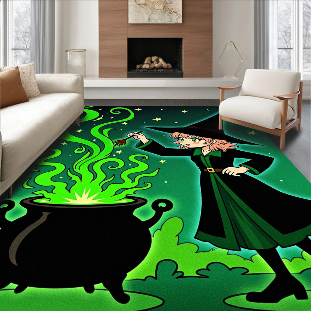 Enchanted Witch Cauldron Green Stars Rug