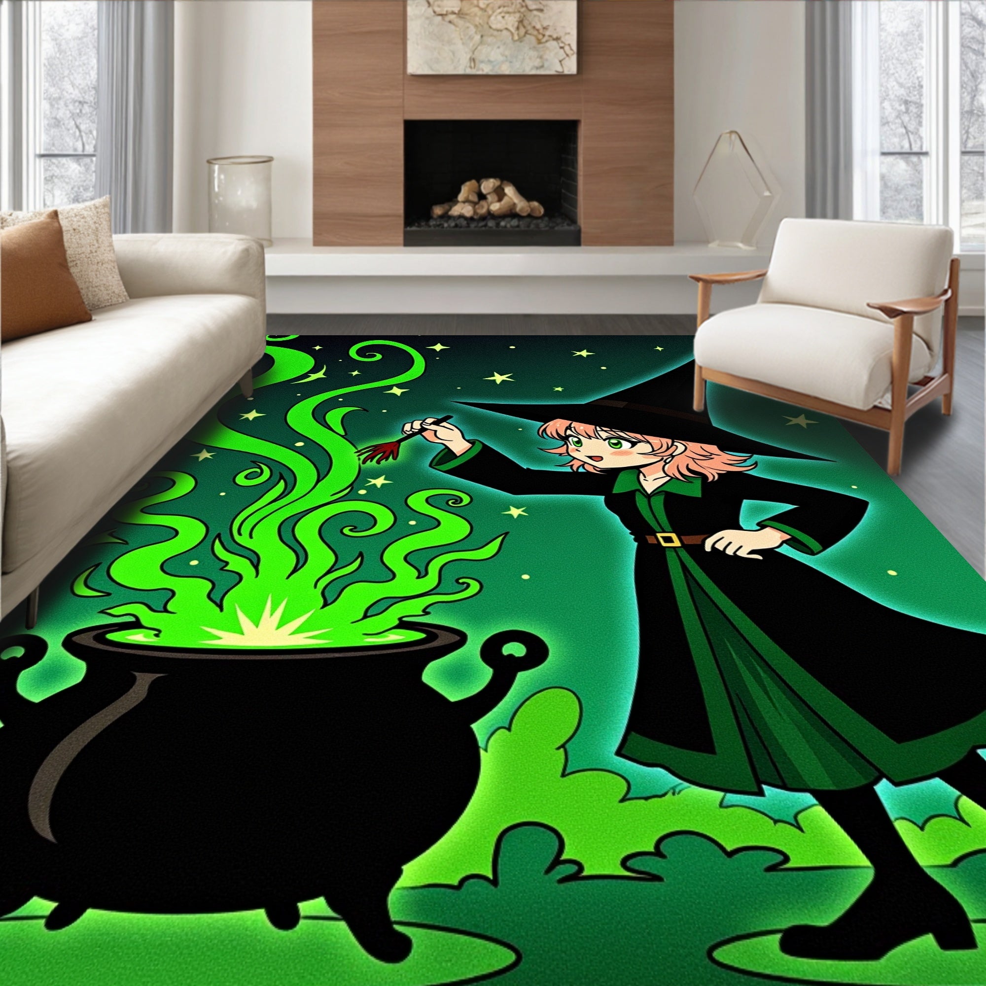 Enchanted Witch Cauldron Green Stars Rug