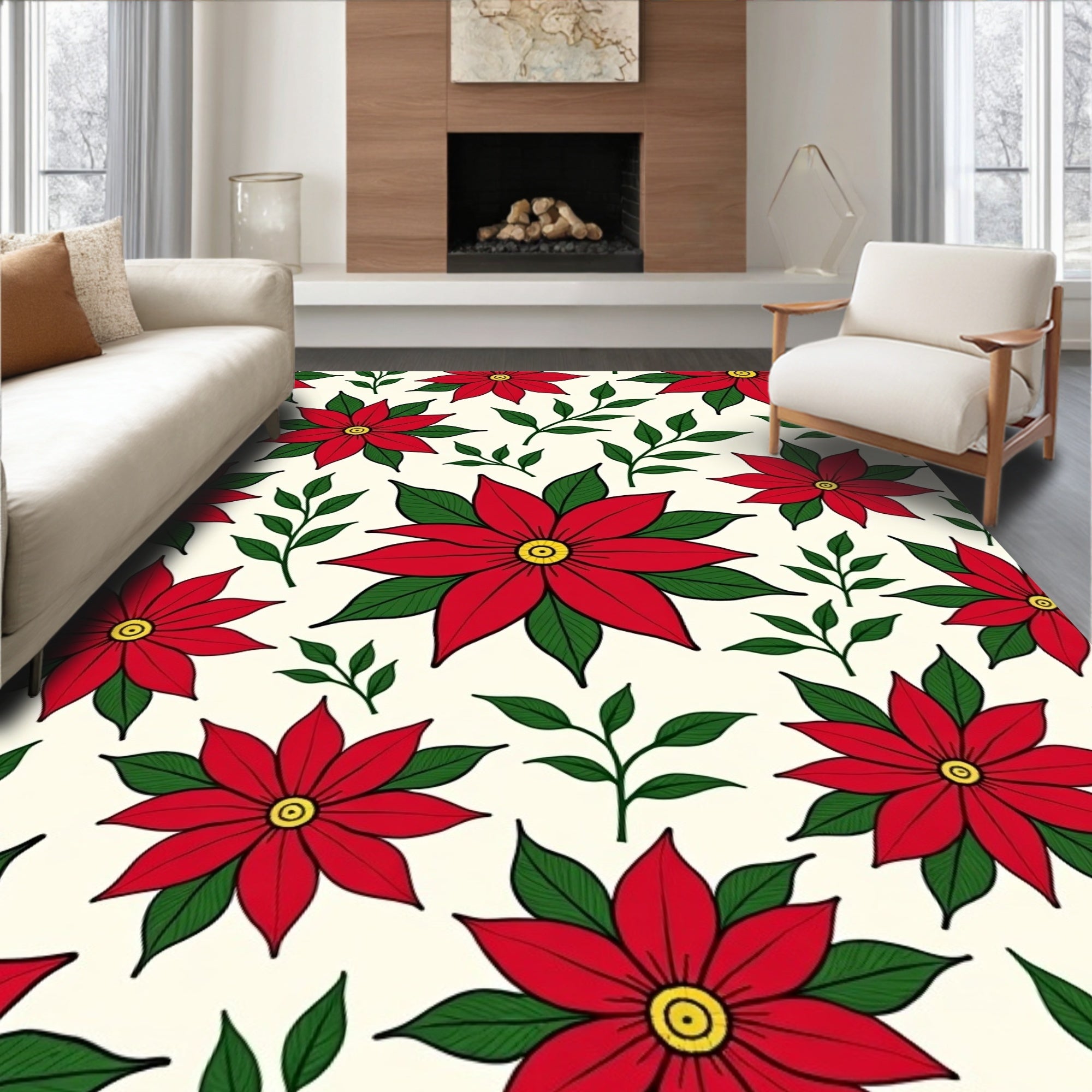 Vibrant Red Poinsettia Floral Medallion Rug