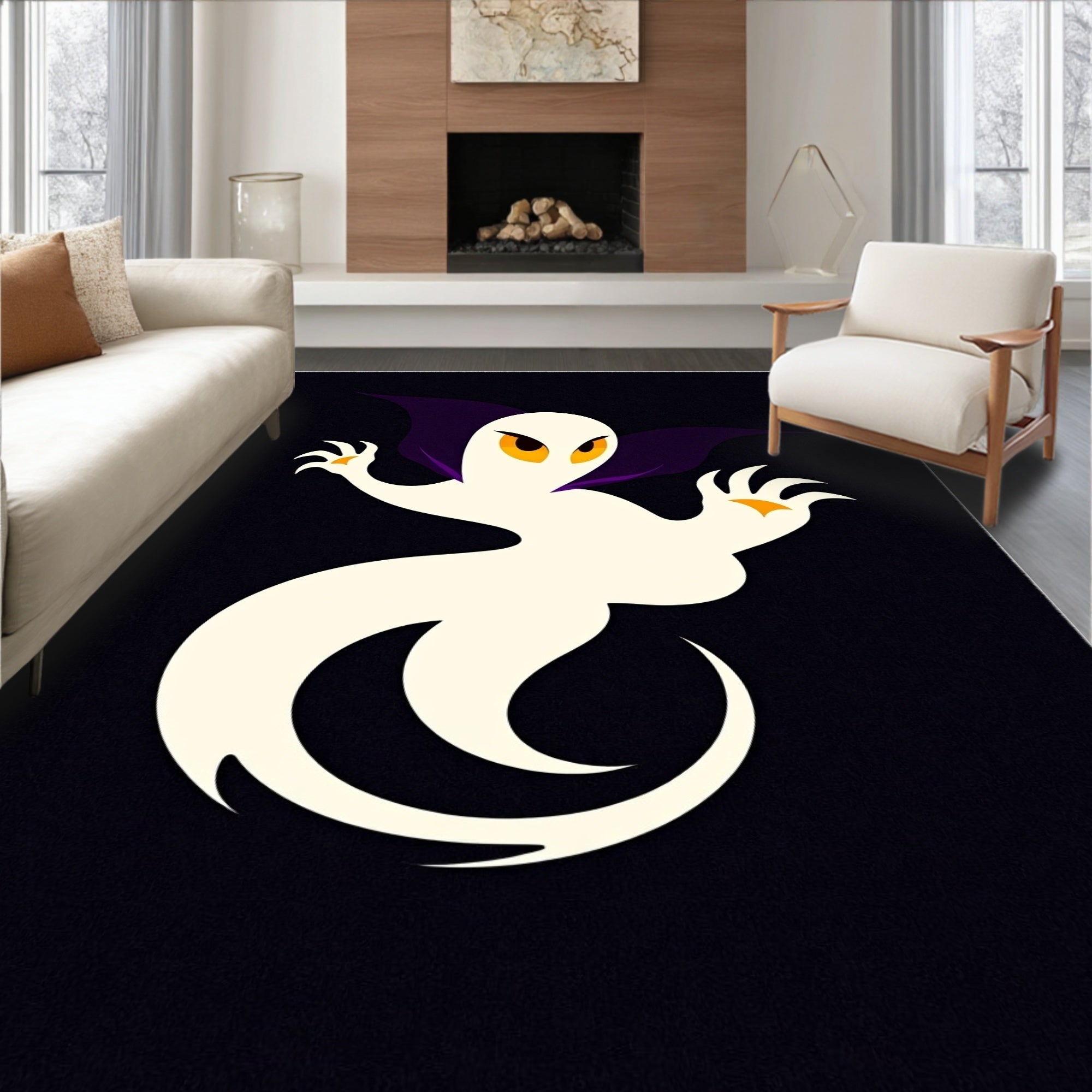 Spooky Cream Ghost Bat Figure Rug
