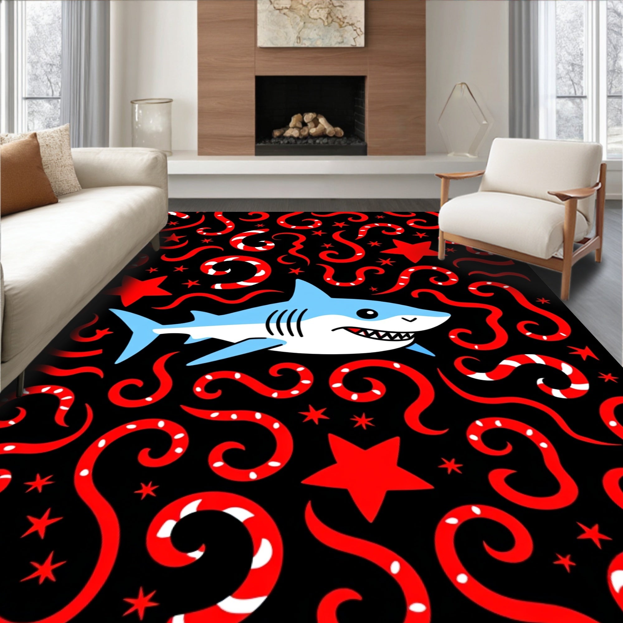 Cute Blue Shark Swirling Red Tentacles Rug