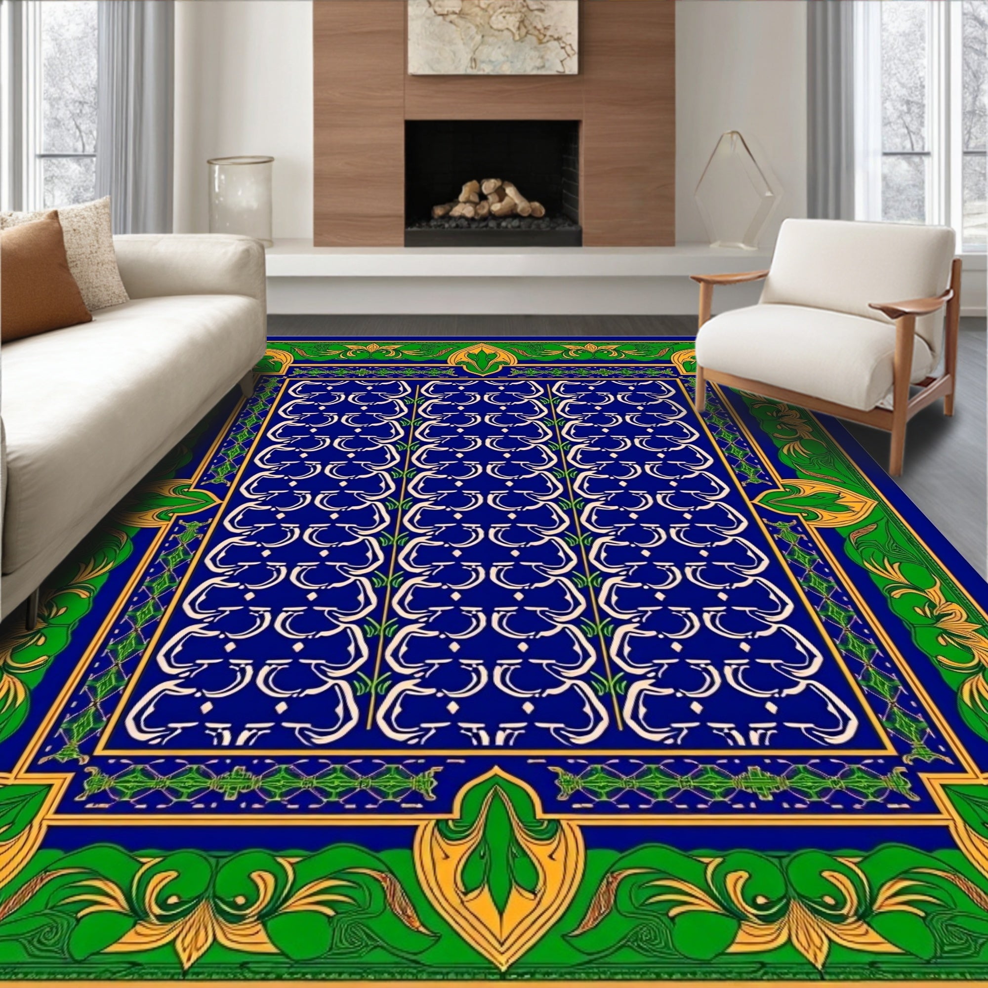 Royal Blue Cream Arabesque Border Rug