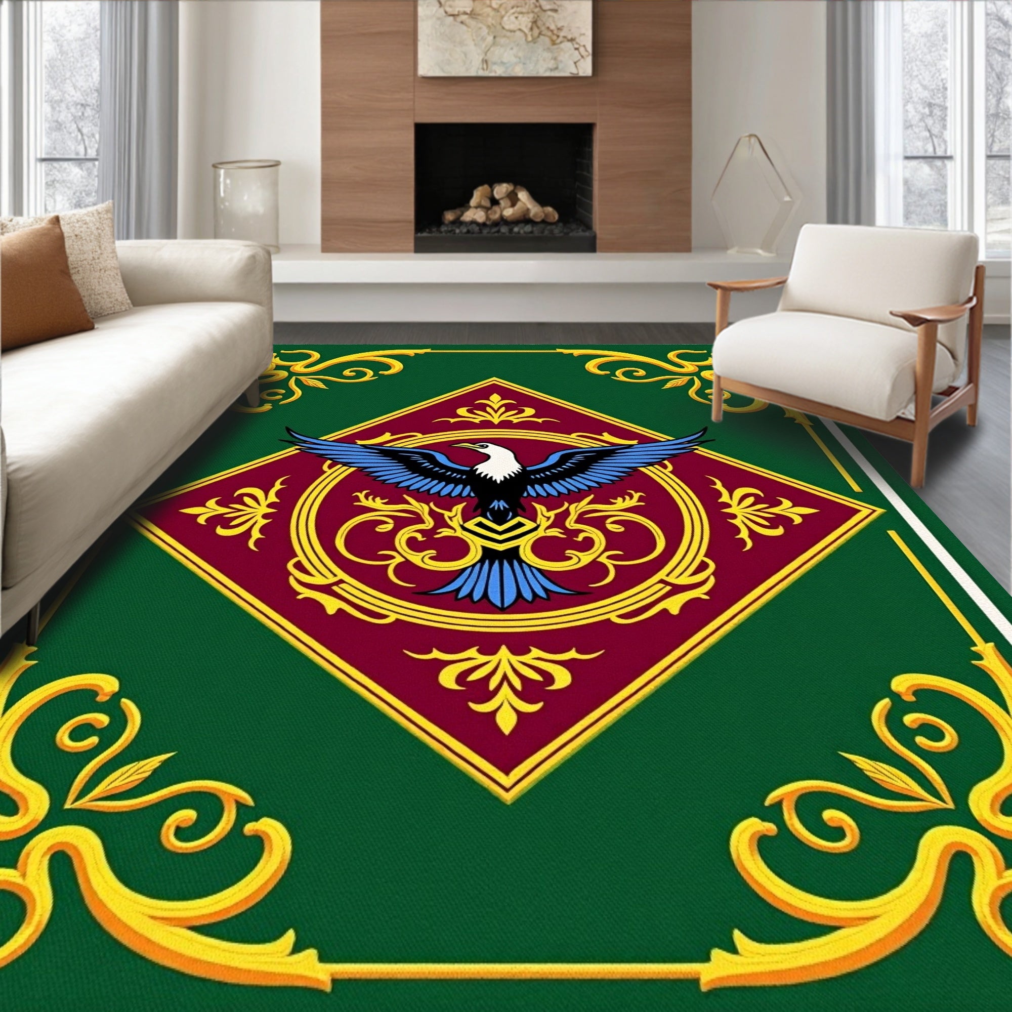 Emerald Green Golden Eagle Medallion Rug