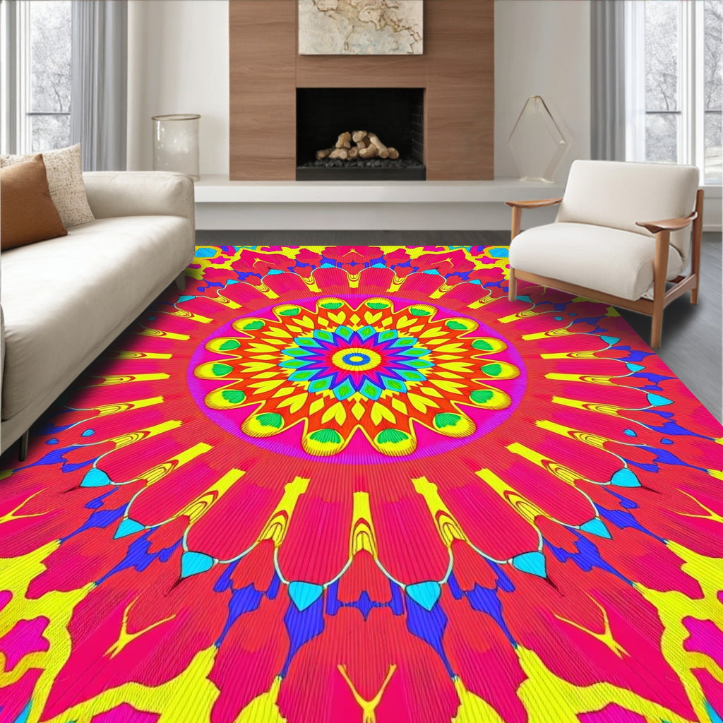 Vibrant Pink Yellow Mandala Bloom Rug
