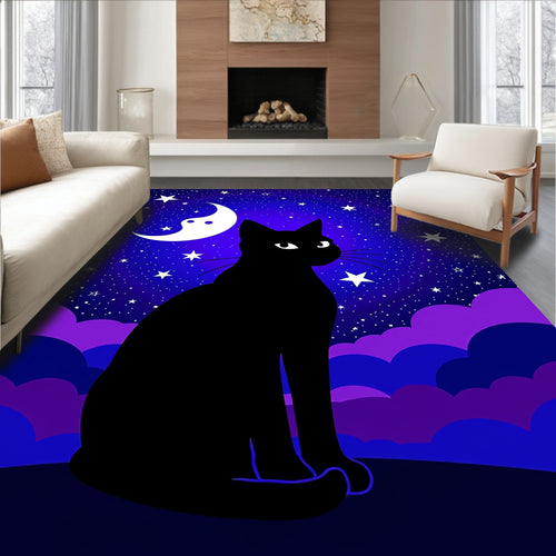 Black Cat Under Starry Moonlit Sky Rug