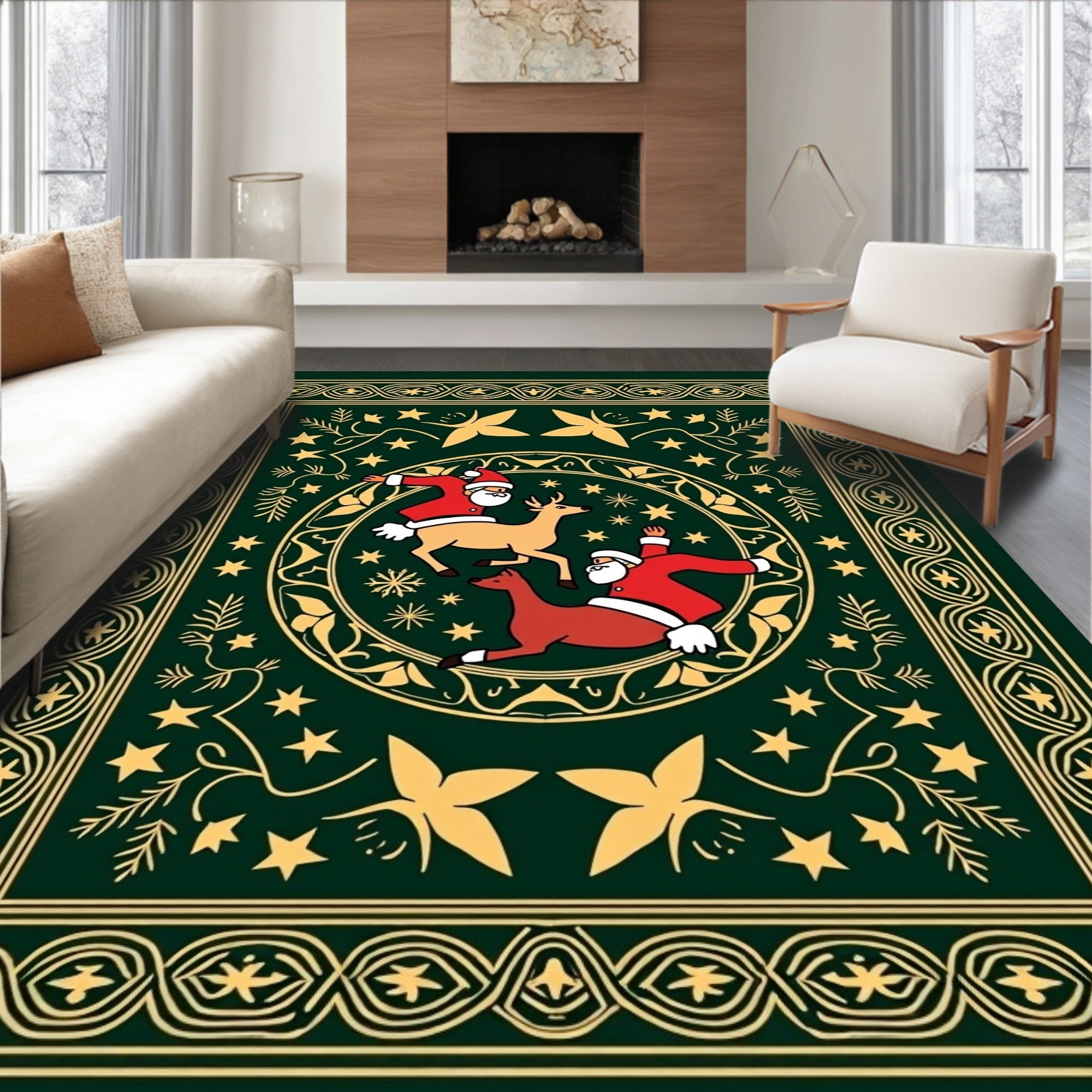 Festive Santa Reindeer Sleigh Round Rug