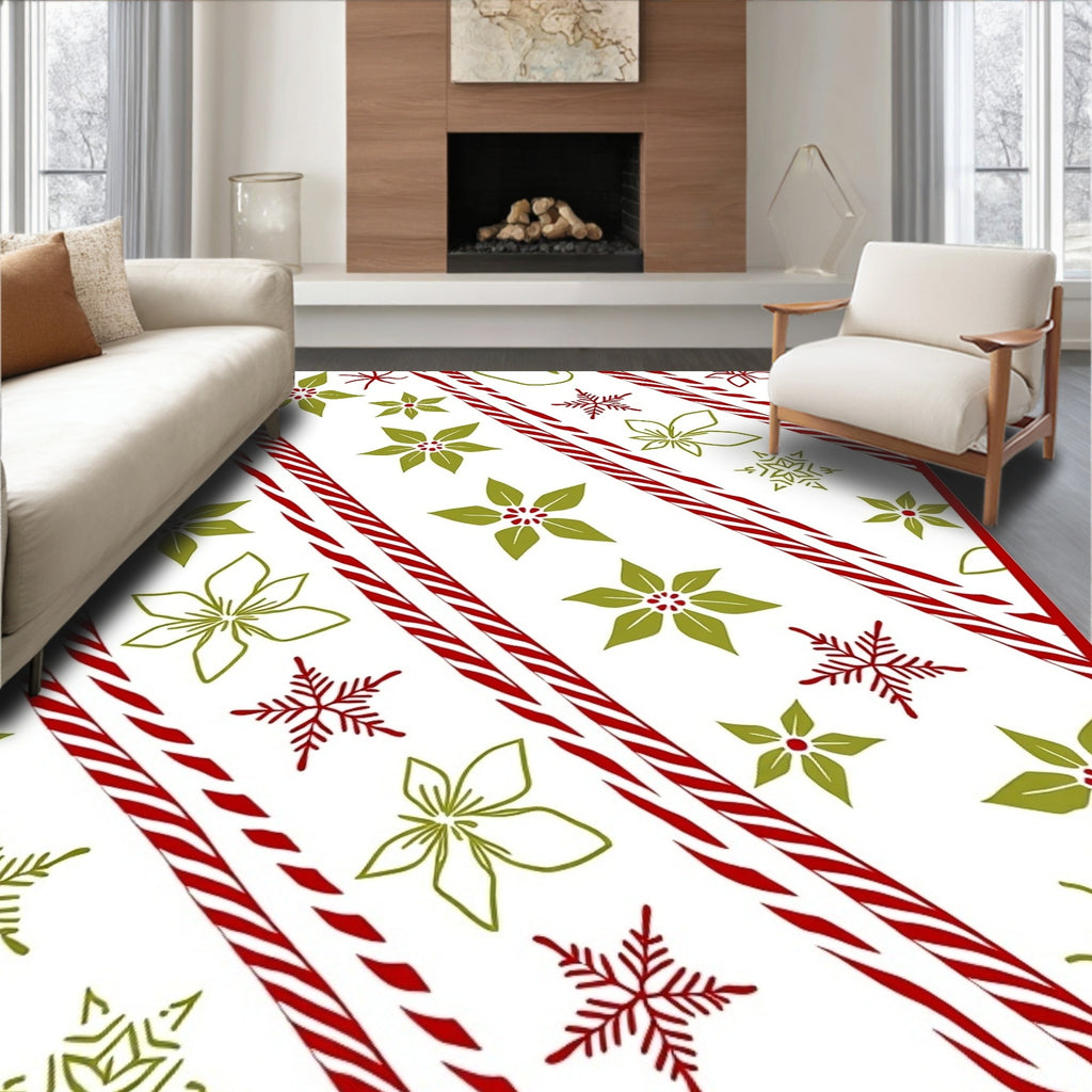 Red Green Poinsettia Snowflake Stripes Rug