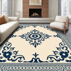 Deep Blue Floral Scroll Border Rug