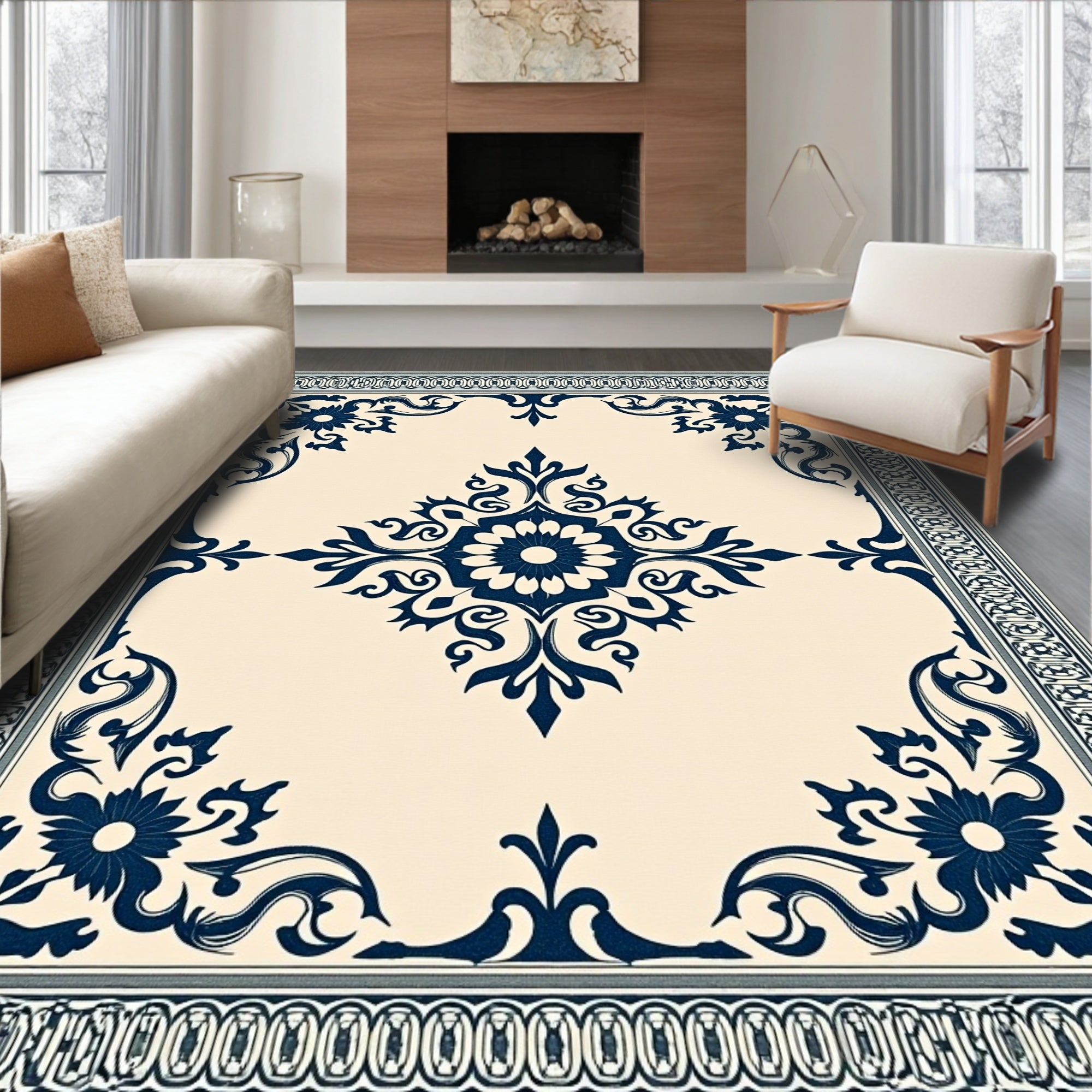 Deep Blue Floral Scroll Border Rug
