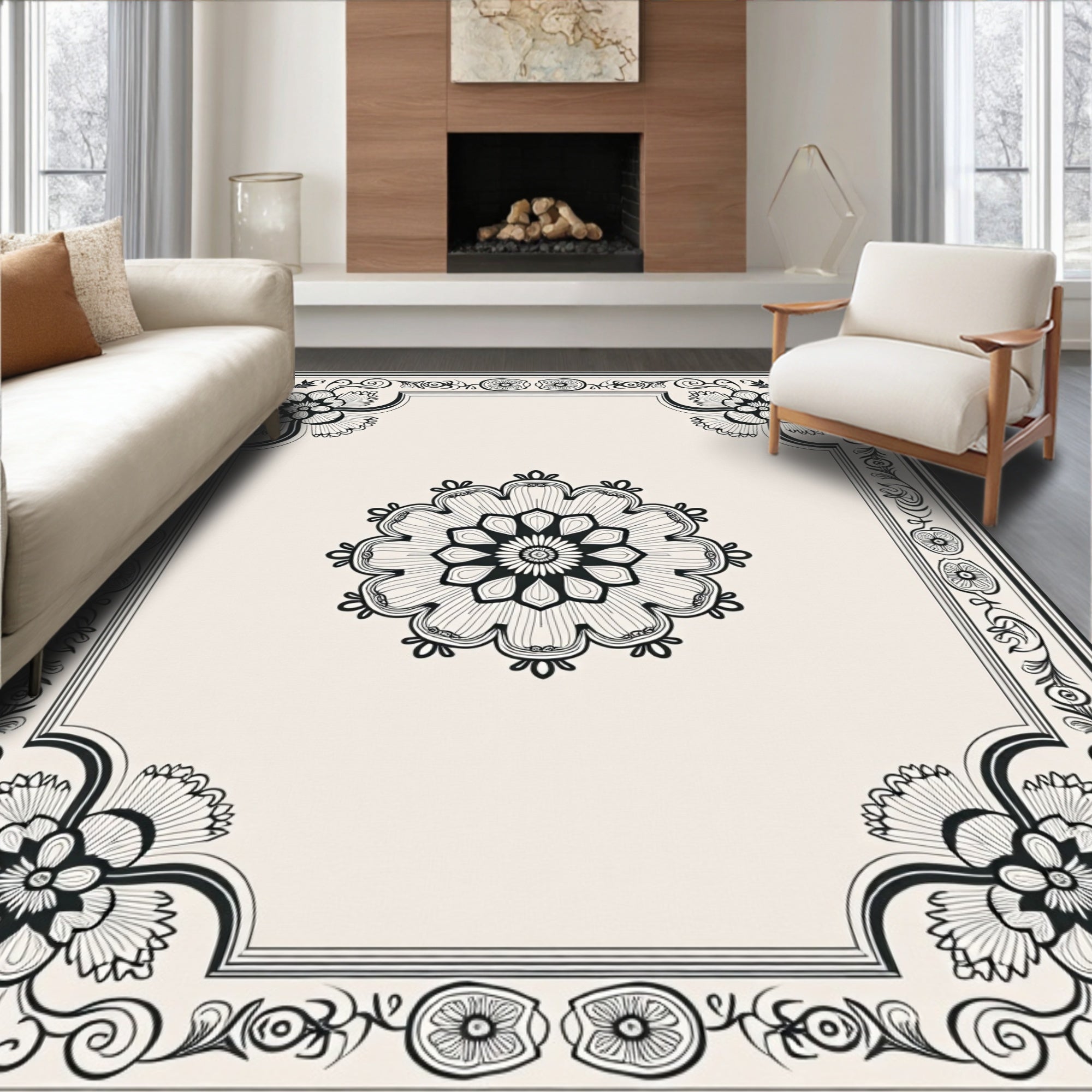 Vintage Black Floral Medallion Border Rug