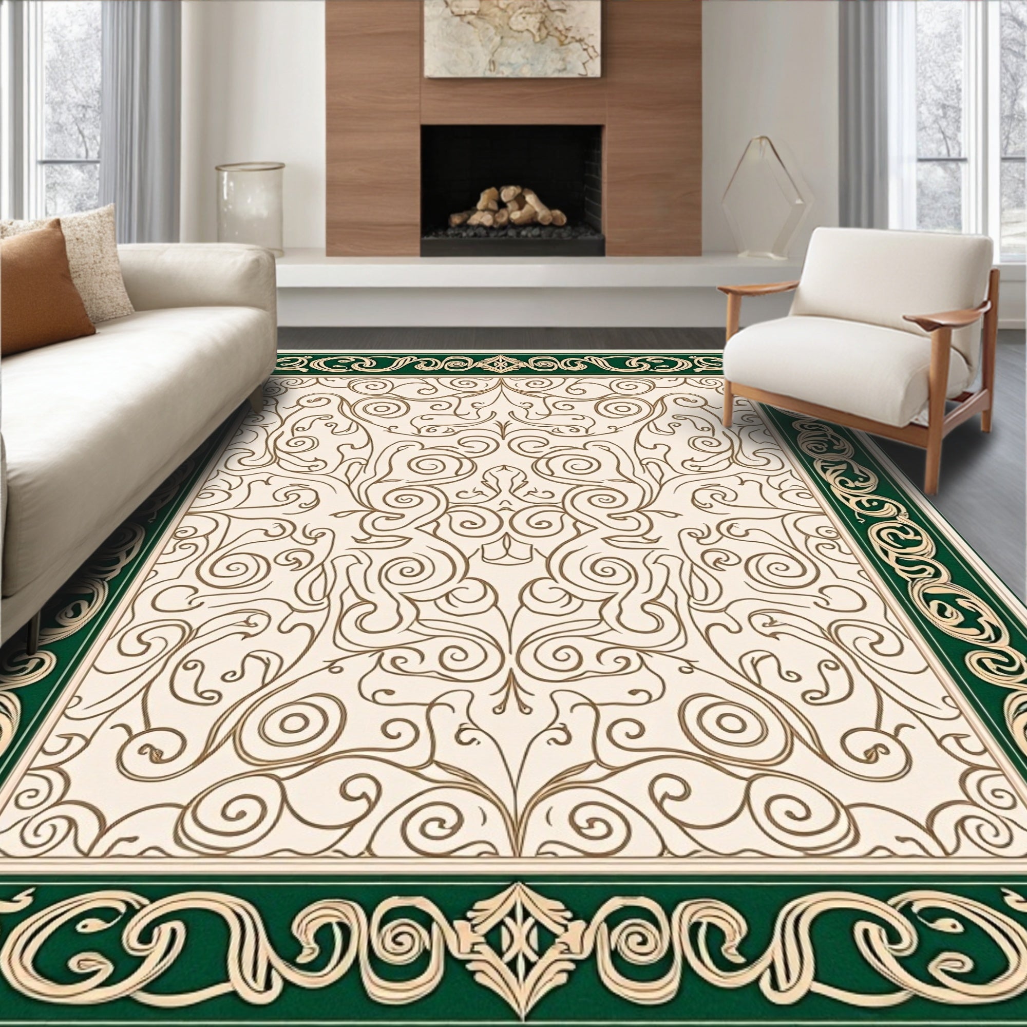 Emerald Green Gold Scrollwork Medallion Rug