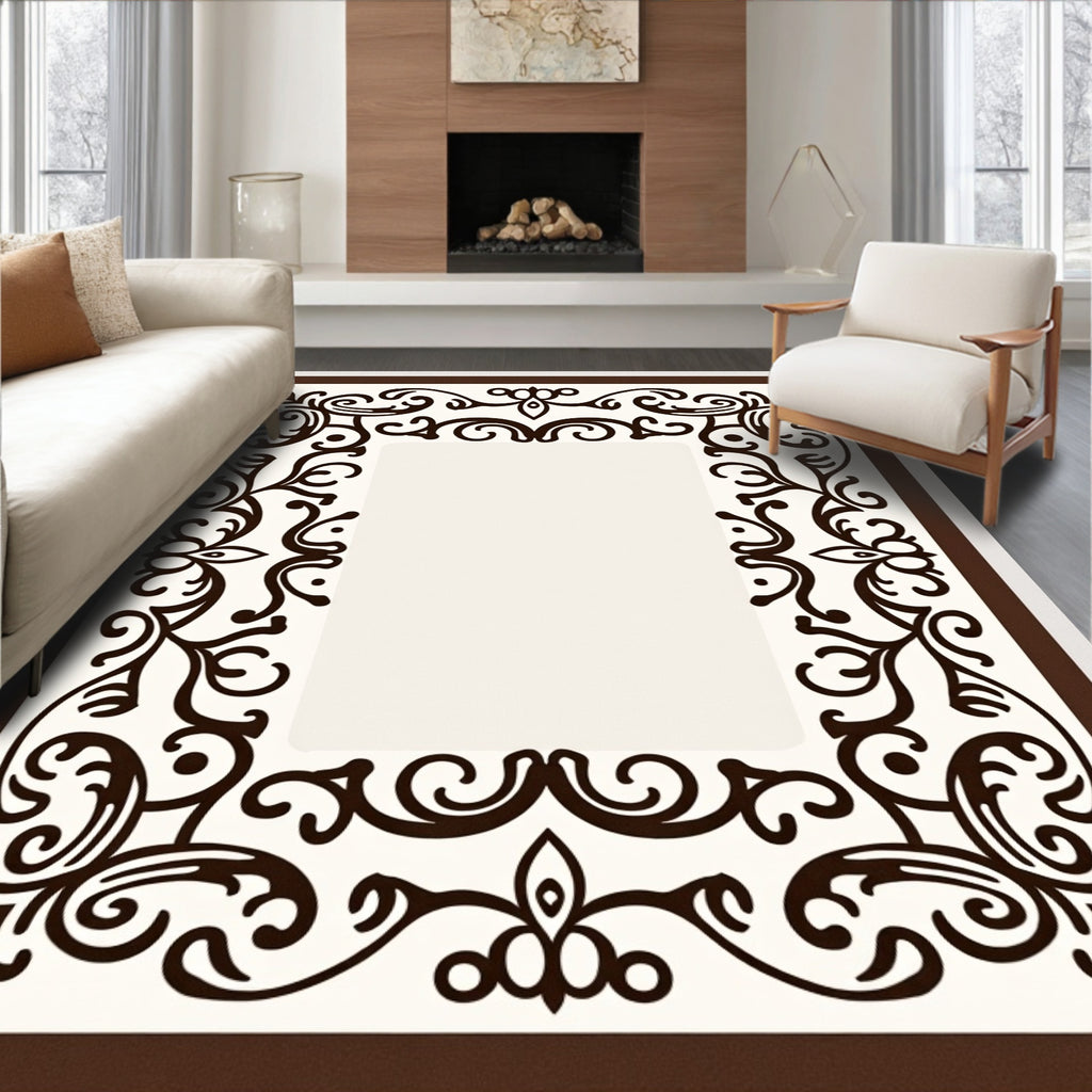 Dark Brown Flourish Scroll Lace Border Rug