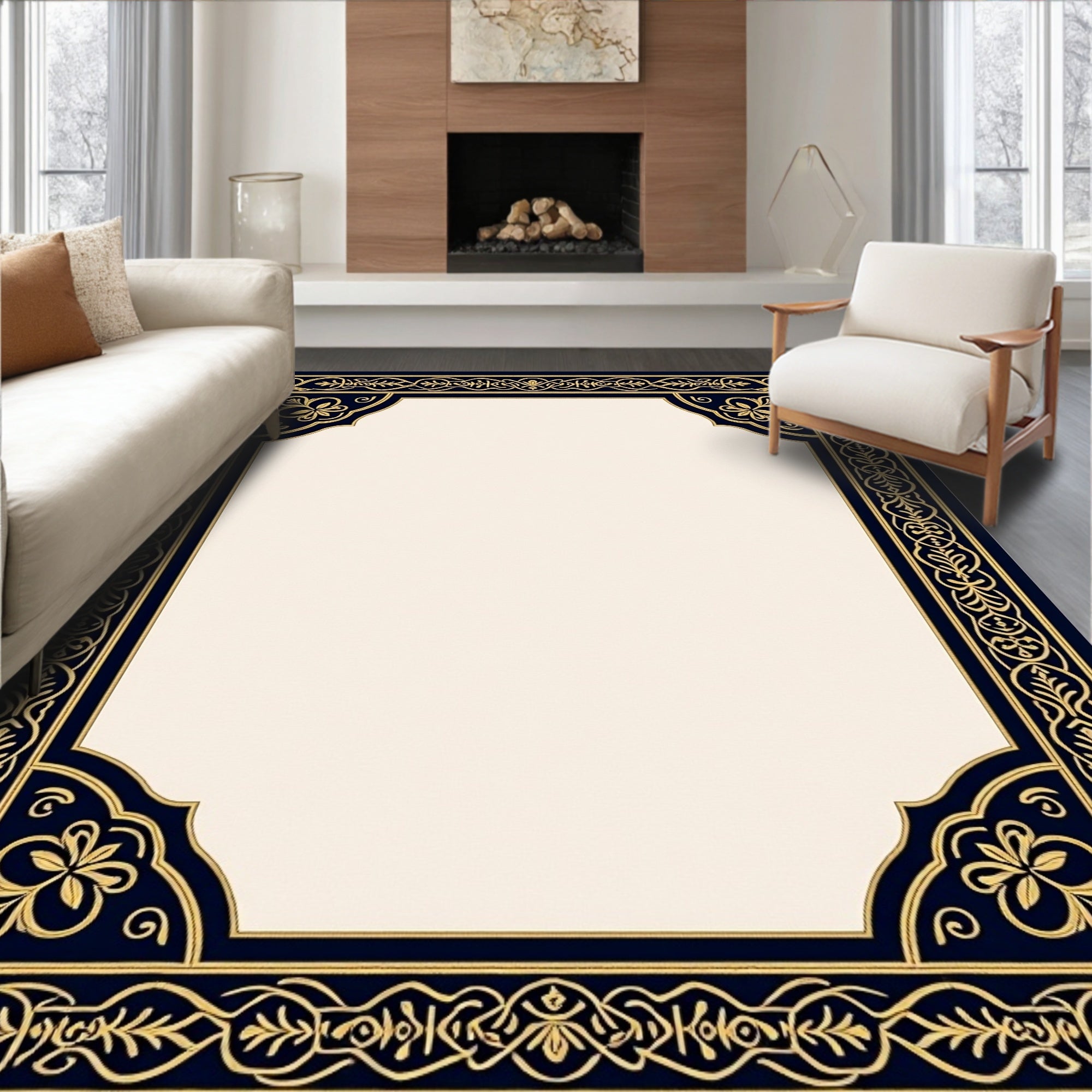 Ornate Gold Floral Navy Border Rug