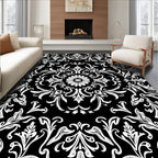 Black White Ornate Floral Bloom Rug