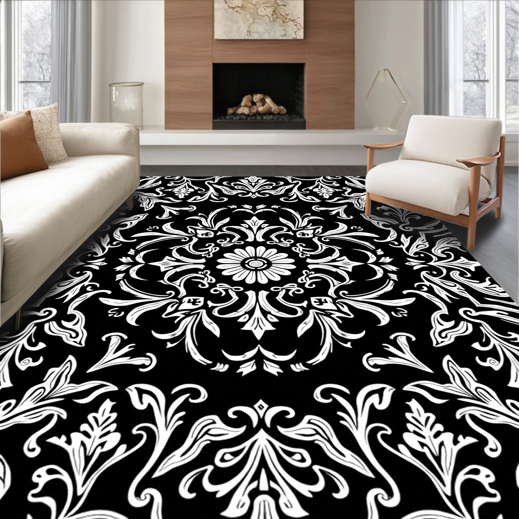 Black White Ornate Floral Bloom Rug