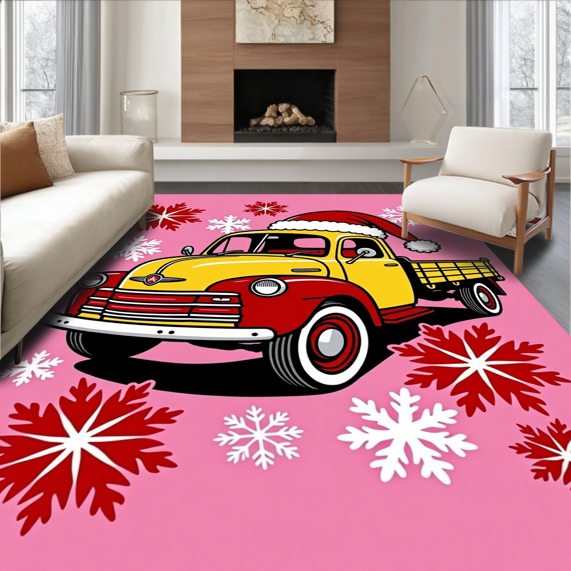 Vintage Yellow Red Snowfall Truck Rug