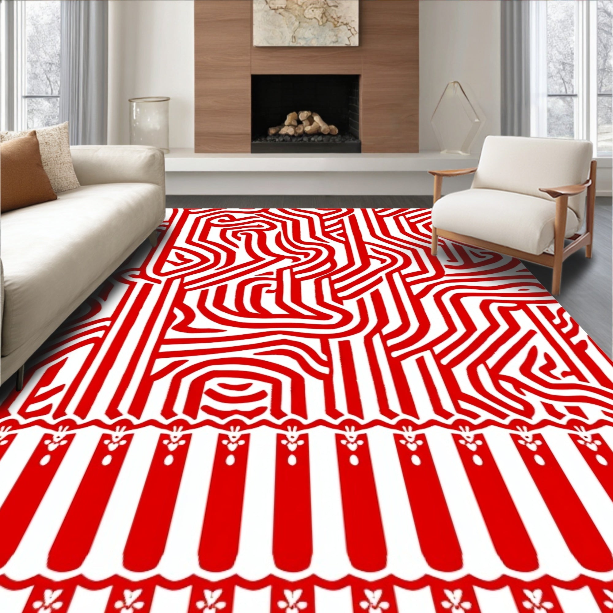 Red White Abstract Maze Border Rug