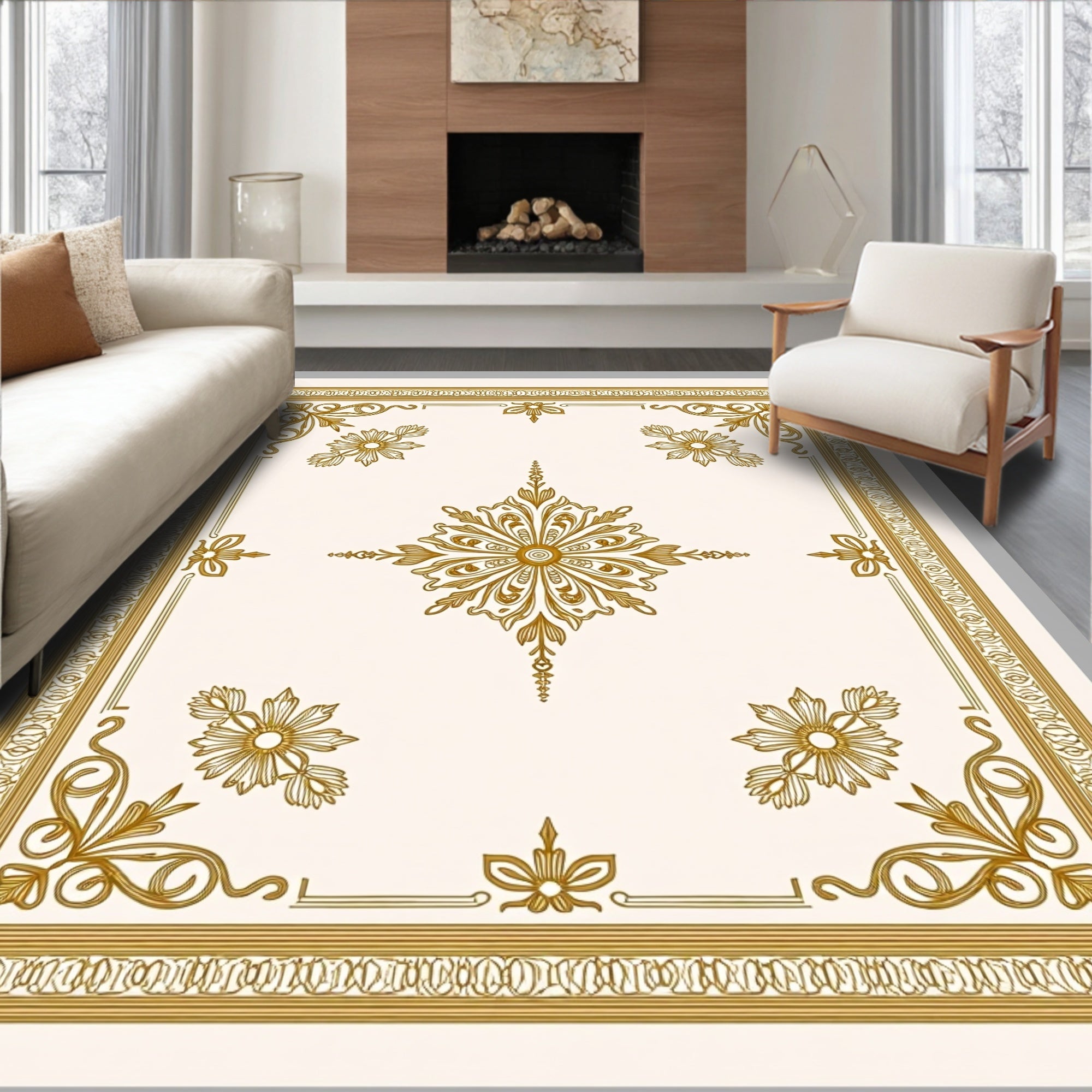 Golden Ornate Floral Medallion Ivory Rug