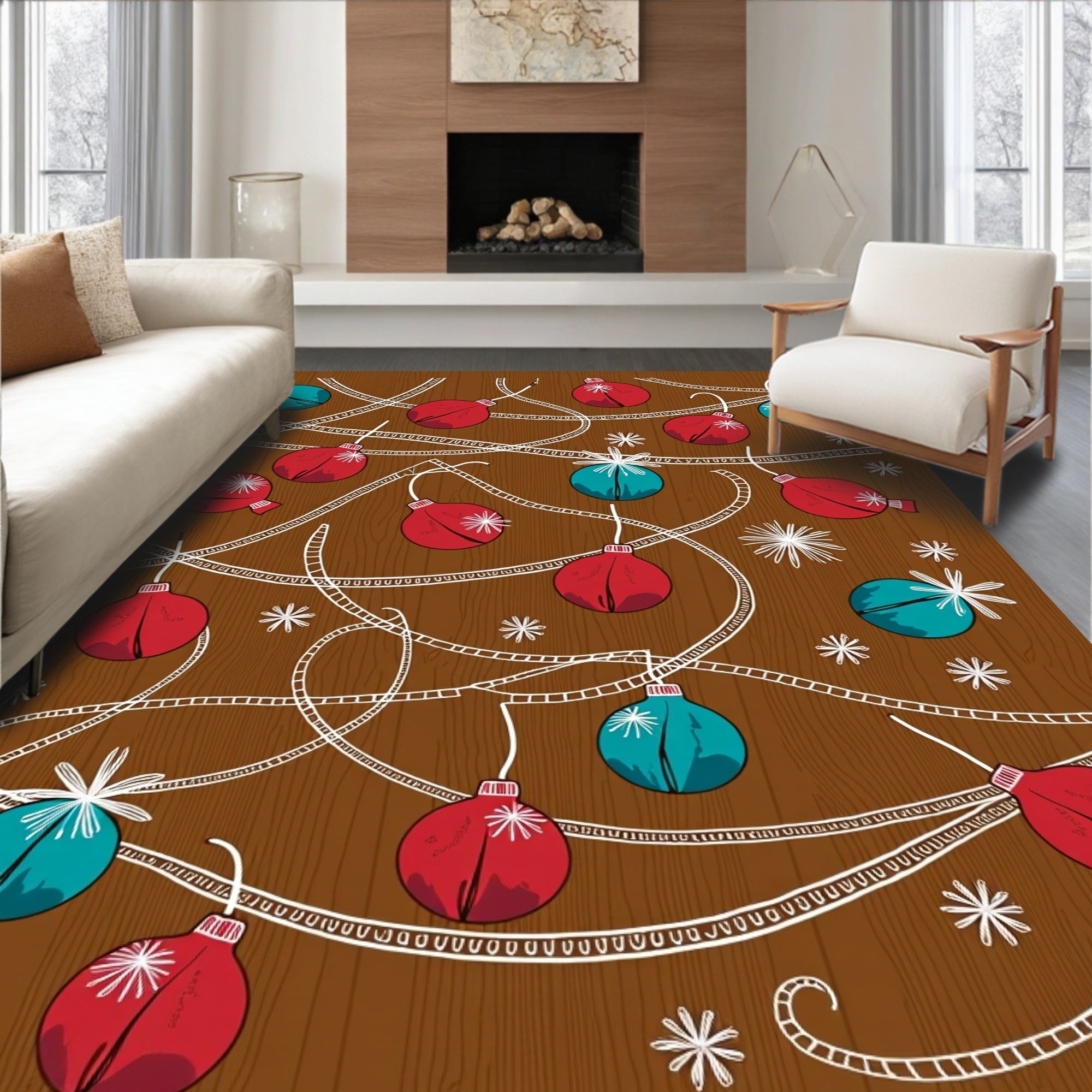 Red Teal Ornament Garland Background Rug