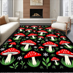 Whimsical Red Mushroom Black Woodland Rug