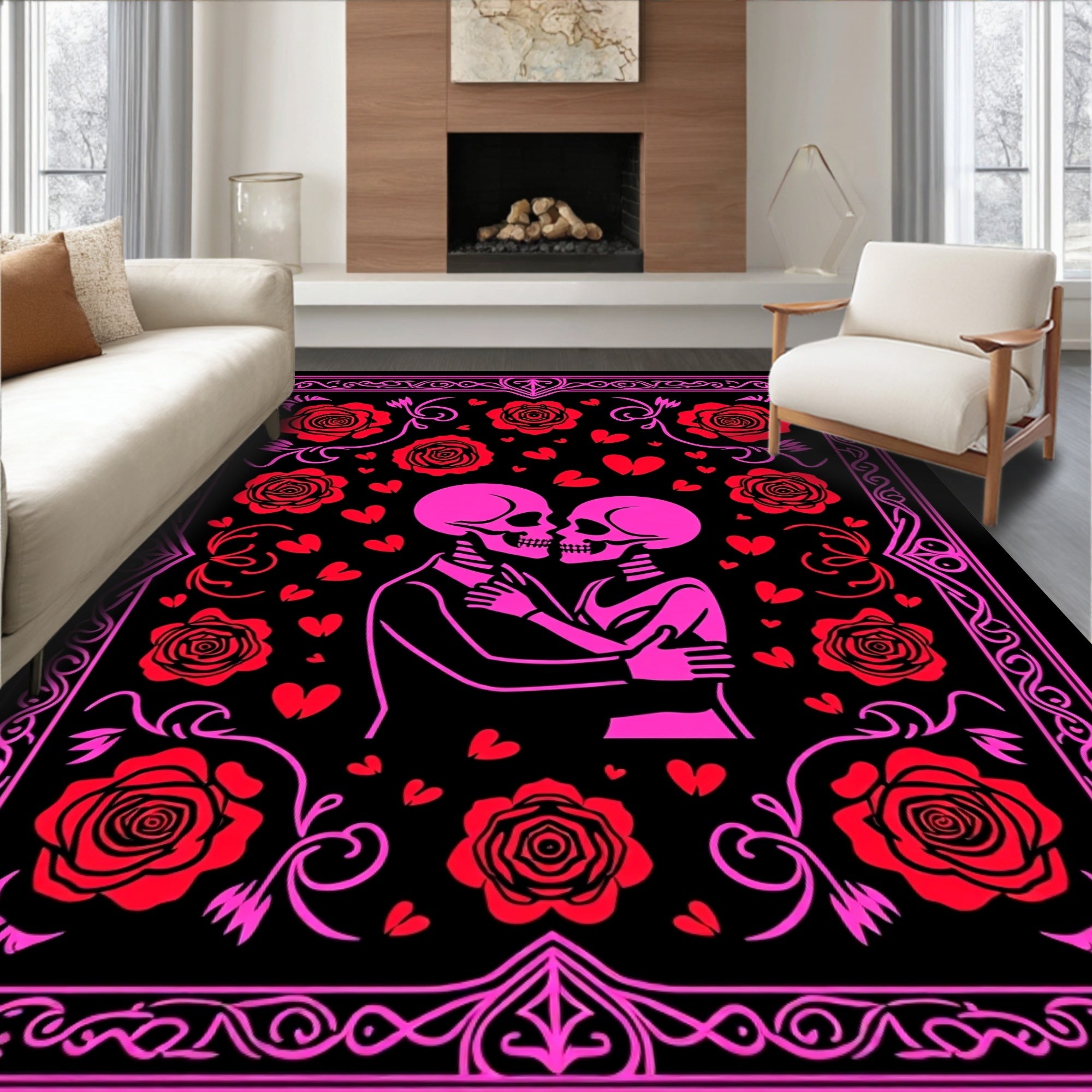 Pink Skeleton Couple With Red Roses Rug