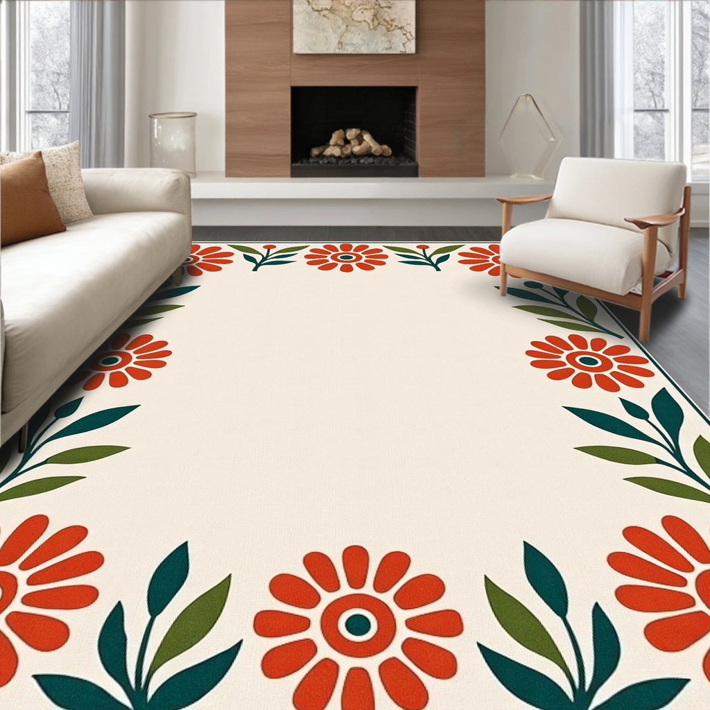 Crimson Floral Bordered Garden Rug
