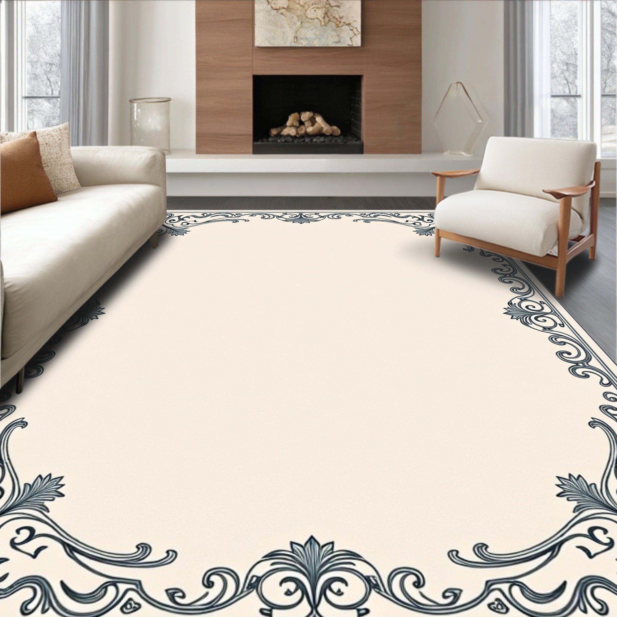 Elegant Black Vine Scroll Border Rug