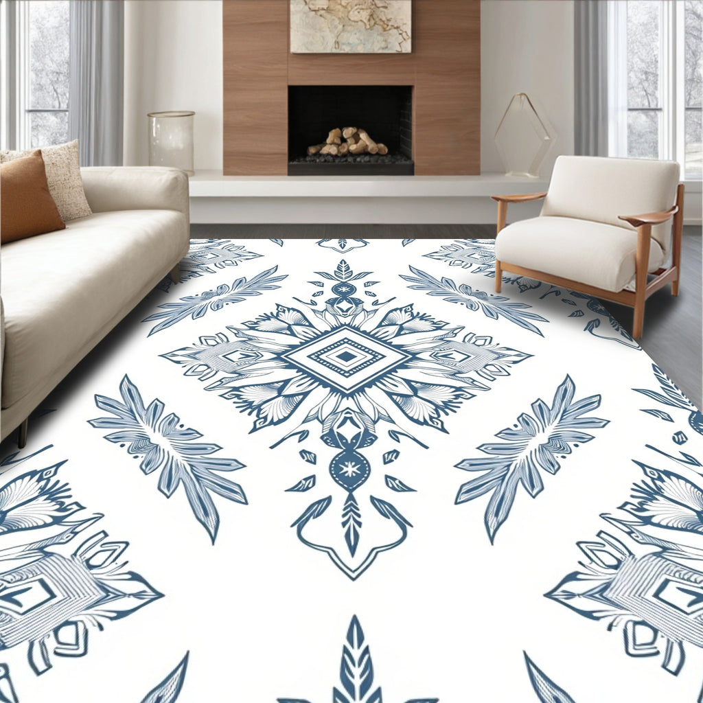 Blue White Floral Diamond Medallion Rug